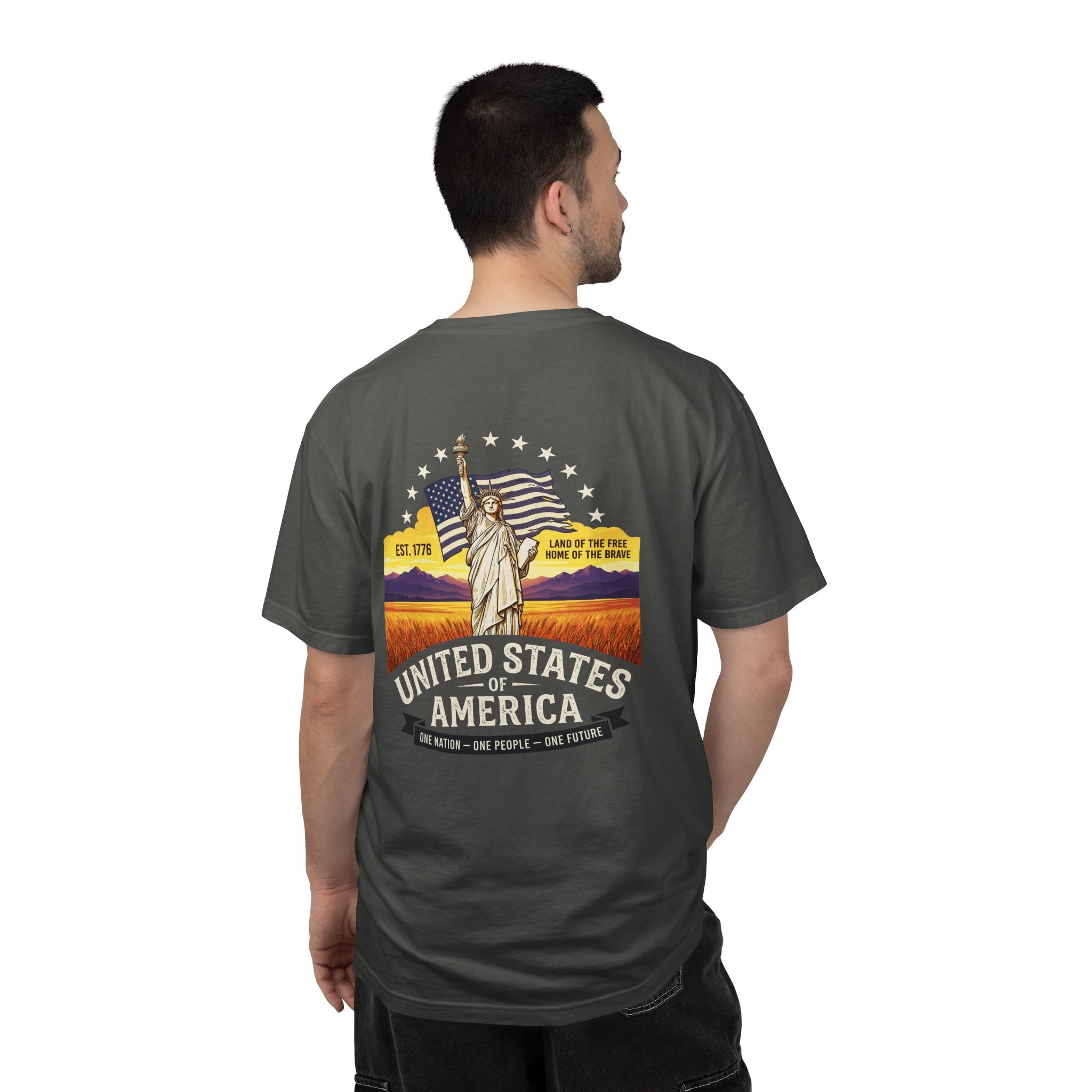 America Graphic T-Shirt — United States Vintage Statue of Liberty Back Print