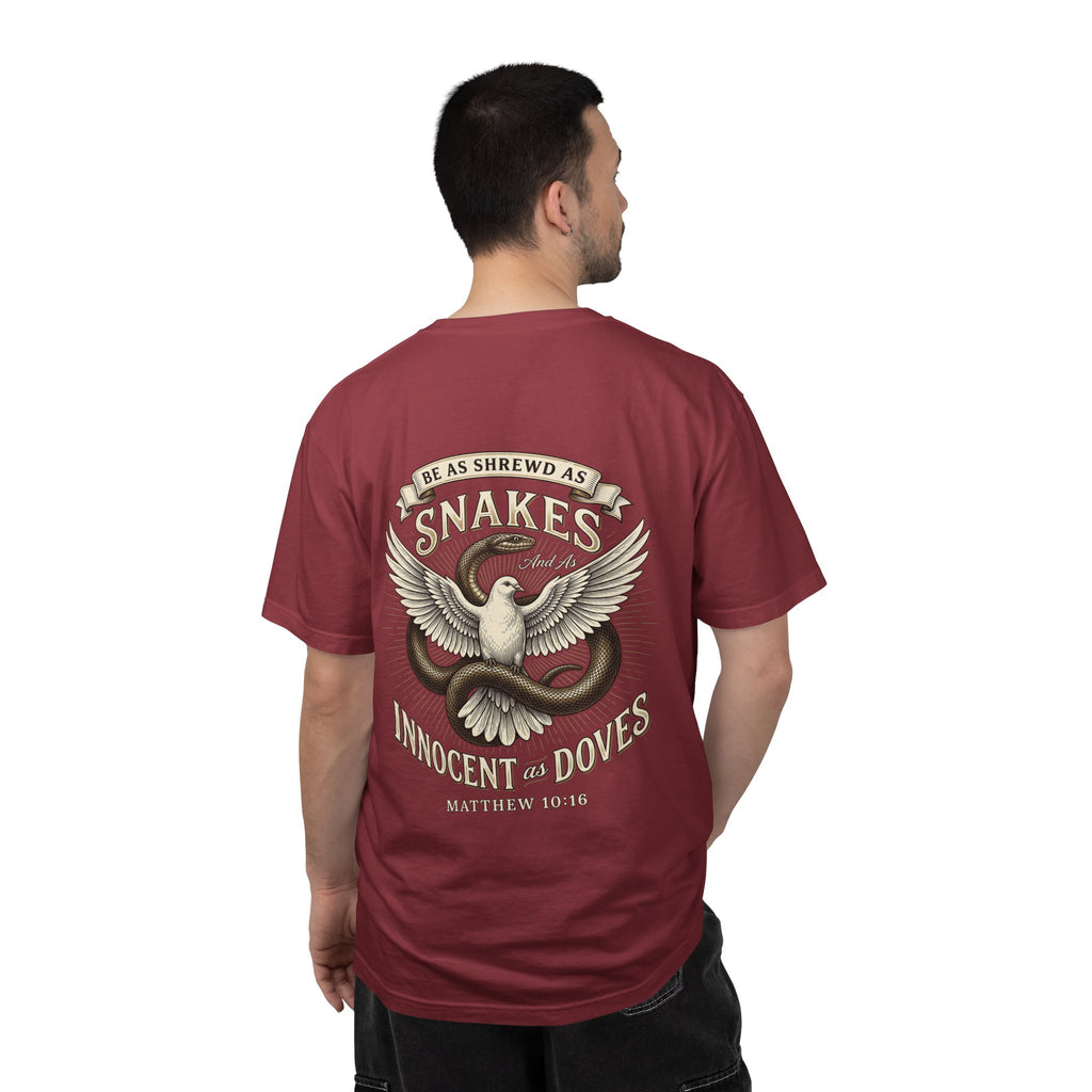 Christian Cross T-Shirt — "Be as Shrewd as Snakes, Innocent as Doves" Graphic Tee (Matthew 10:16)