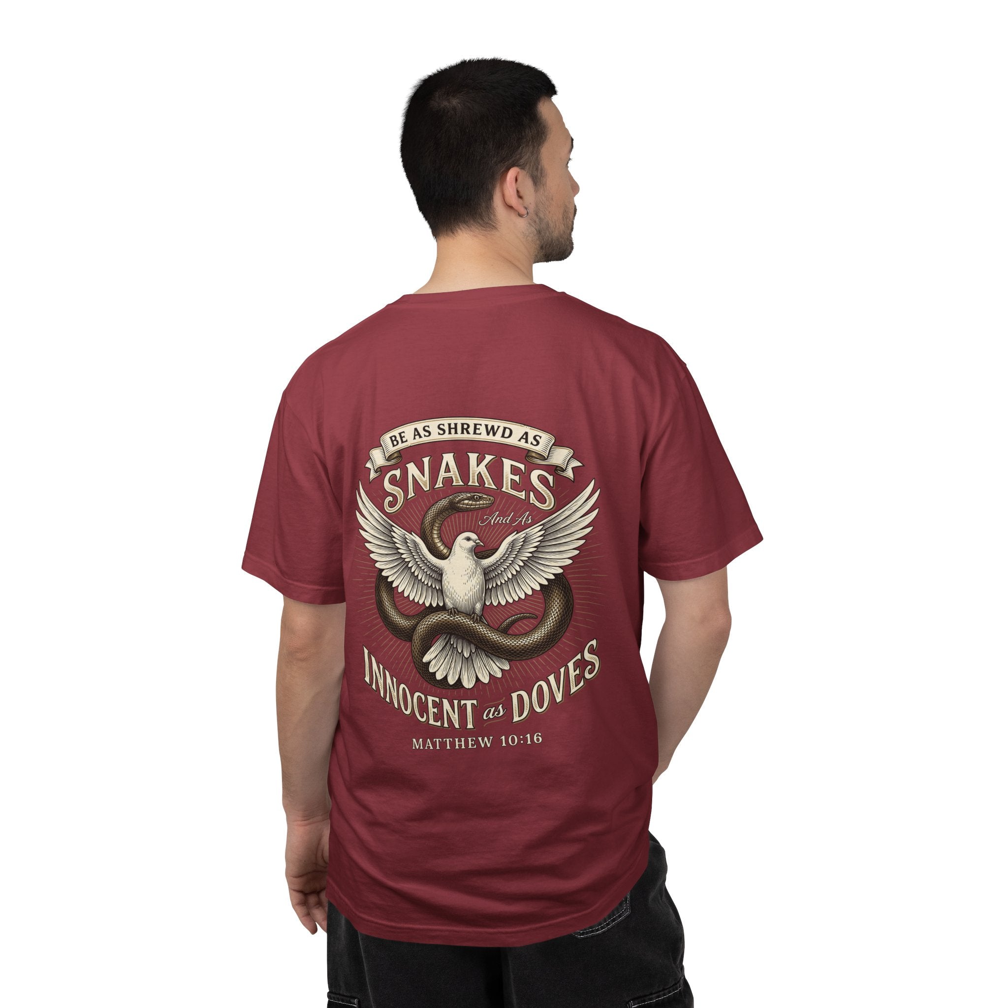 Christian Cross T-Shirt — "Be as Shrewd as Snakes, Innocent as Doves" Graphic Tee (Matthew 10:16)