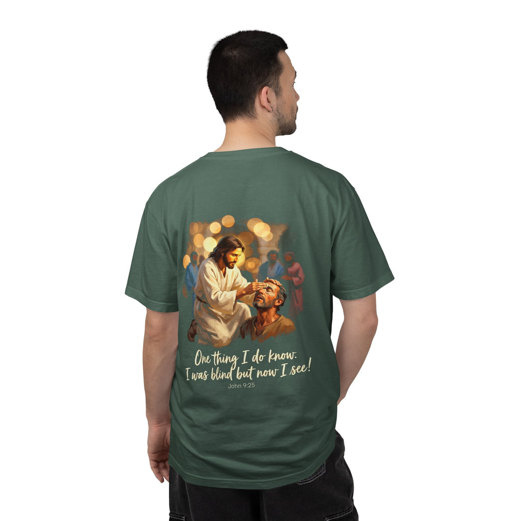 Christian T-Shirt — Jesus Healing the Blind "One thing I do know: I was blind but now I see"