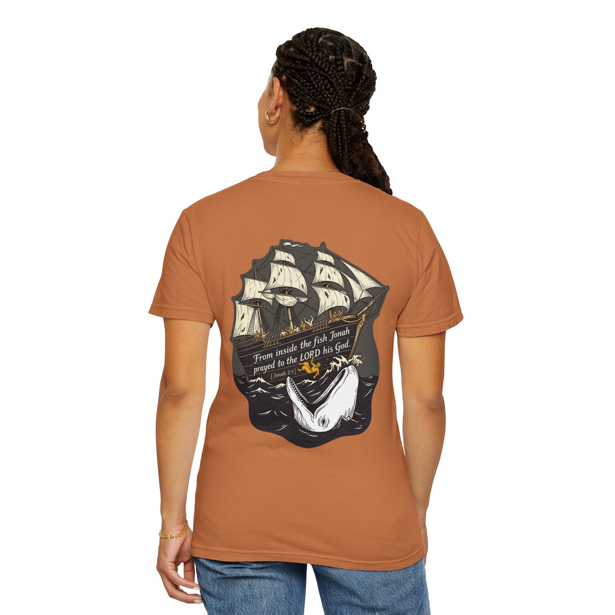 Christian Ship & Whale T-Shirt — 'From inside the fish Jonah prayed to the LORD his God' Chest Cross