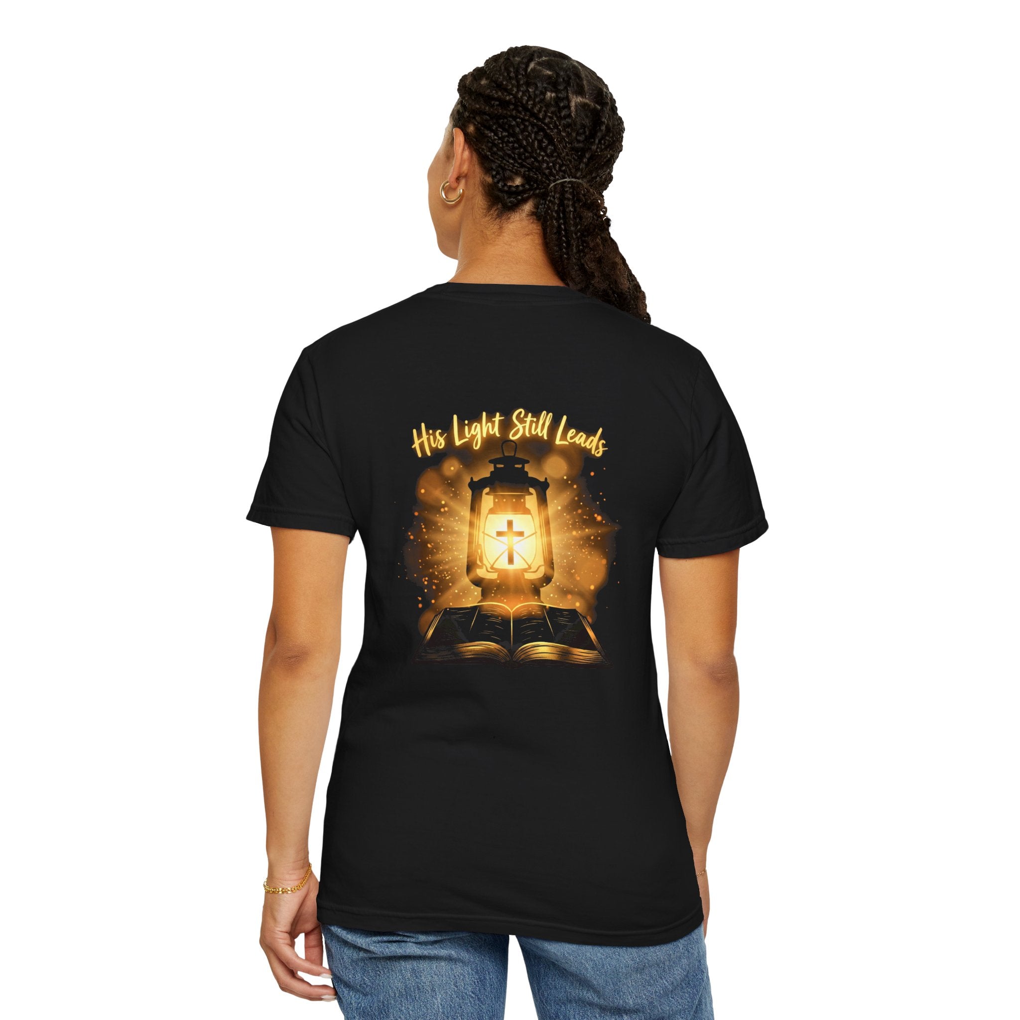 Christian Cross T-Shirt — “His Light Still Leads” Bible Graphic Tee