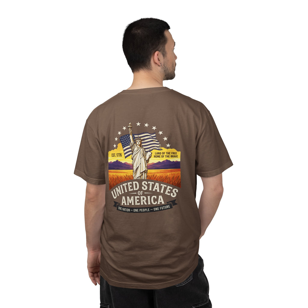 America Graphic T-Shirt — United States Vintage Statue of Liberty Back Print