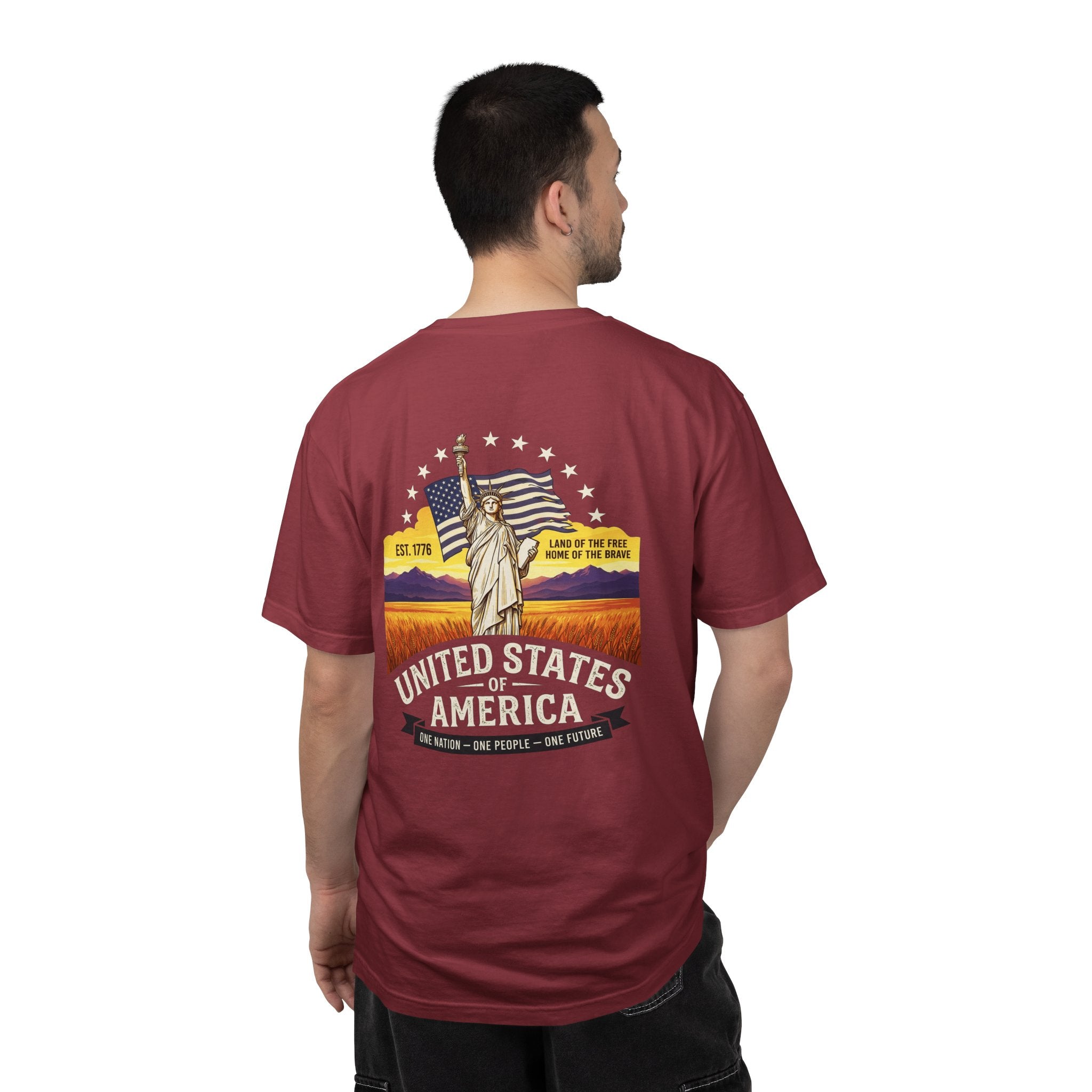 America Graphic T-Shirt — United States Vintage Statue of Liberty Back Print
