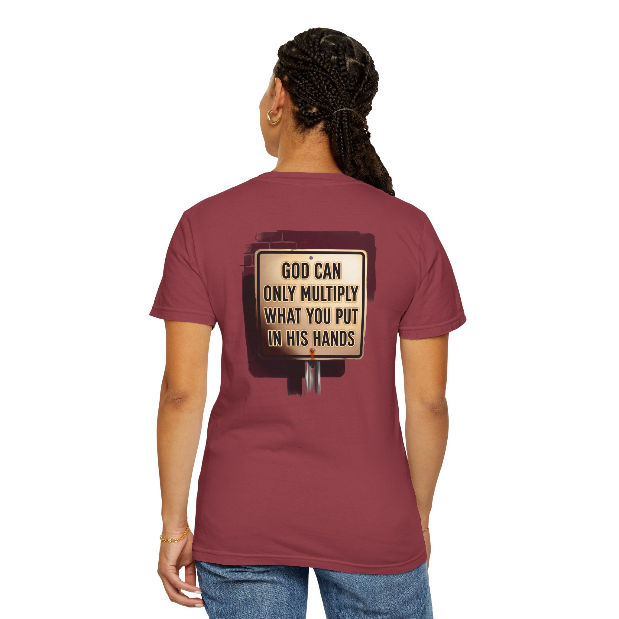 Religious T-Shirt — "God Can Only Multiply What You Put In His Hands" Cross Tee