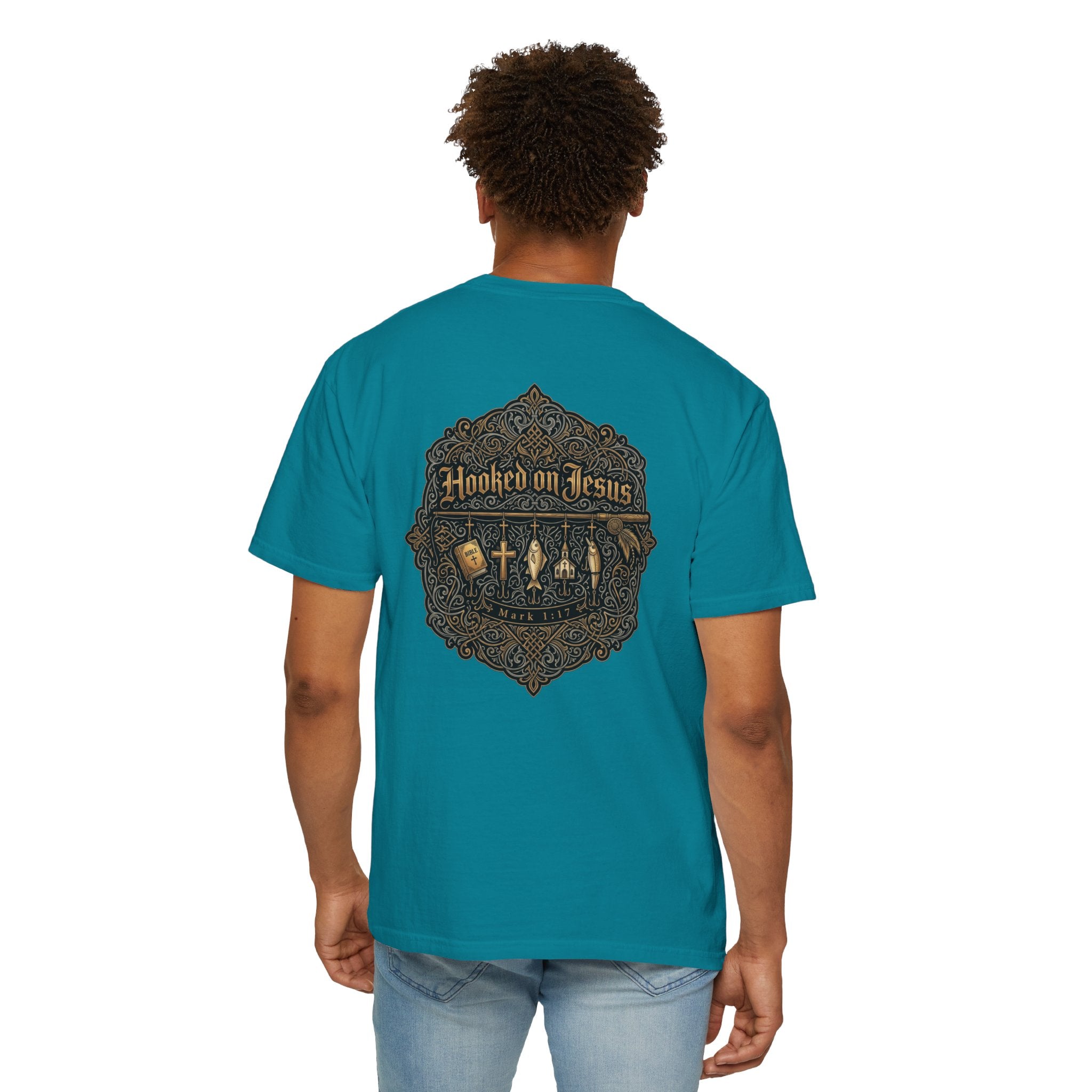 Hooked on Jesus T‑Shirt — Small Front Cross & Ornate Back Graphic