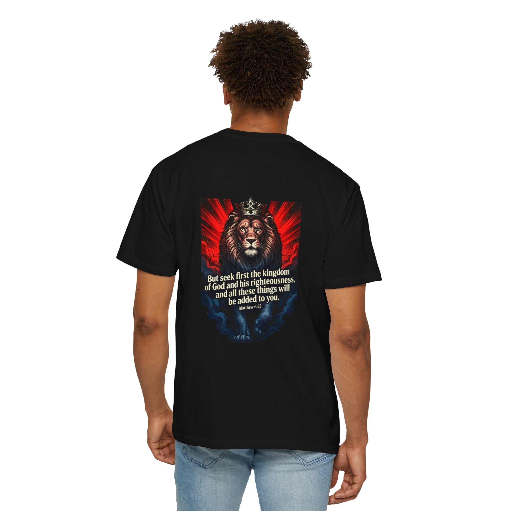 Christian Lion T-Shirt — 'But seek first the kingdom of God' Scripture Tee