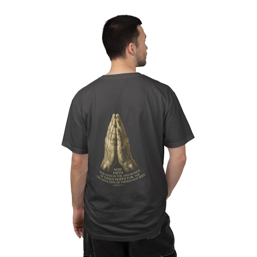 Prayer Hands Cross T‑Shirt — Christian Faith Tee with Back Scripture Design