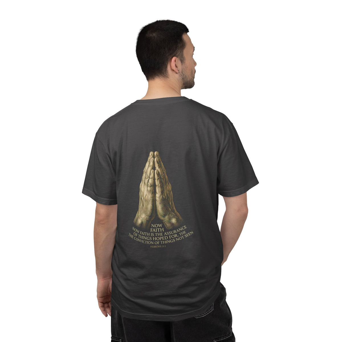 Prayer Hands Cross T‑Shirt — Christian Faith Tee with Back Scripture Design