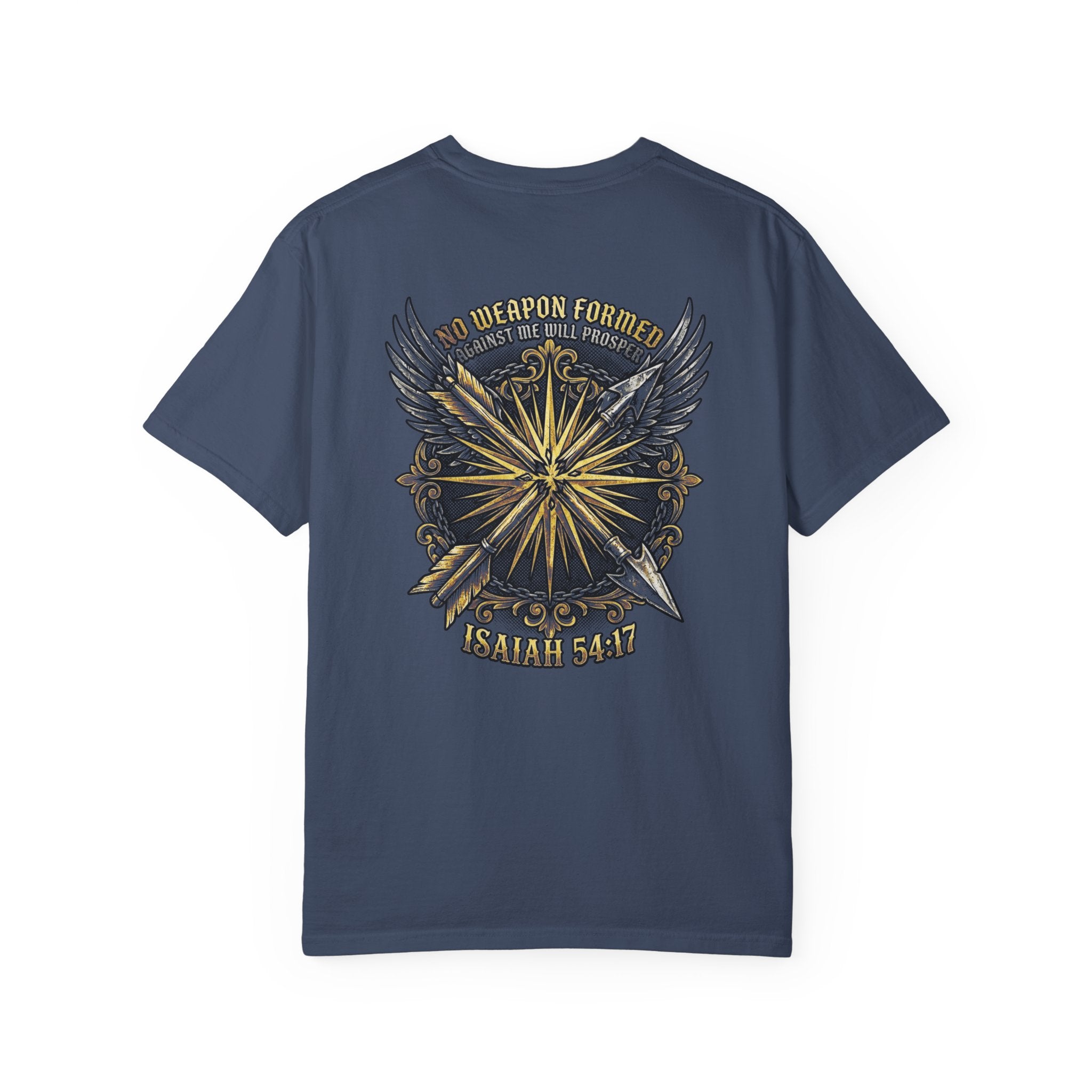 Christian Cross T-Shirt — "No Weapon Formed" Isaiah 54:17 Garment-Dyed Tee