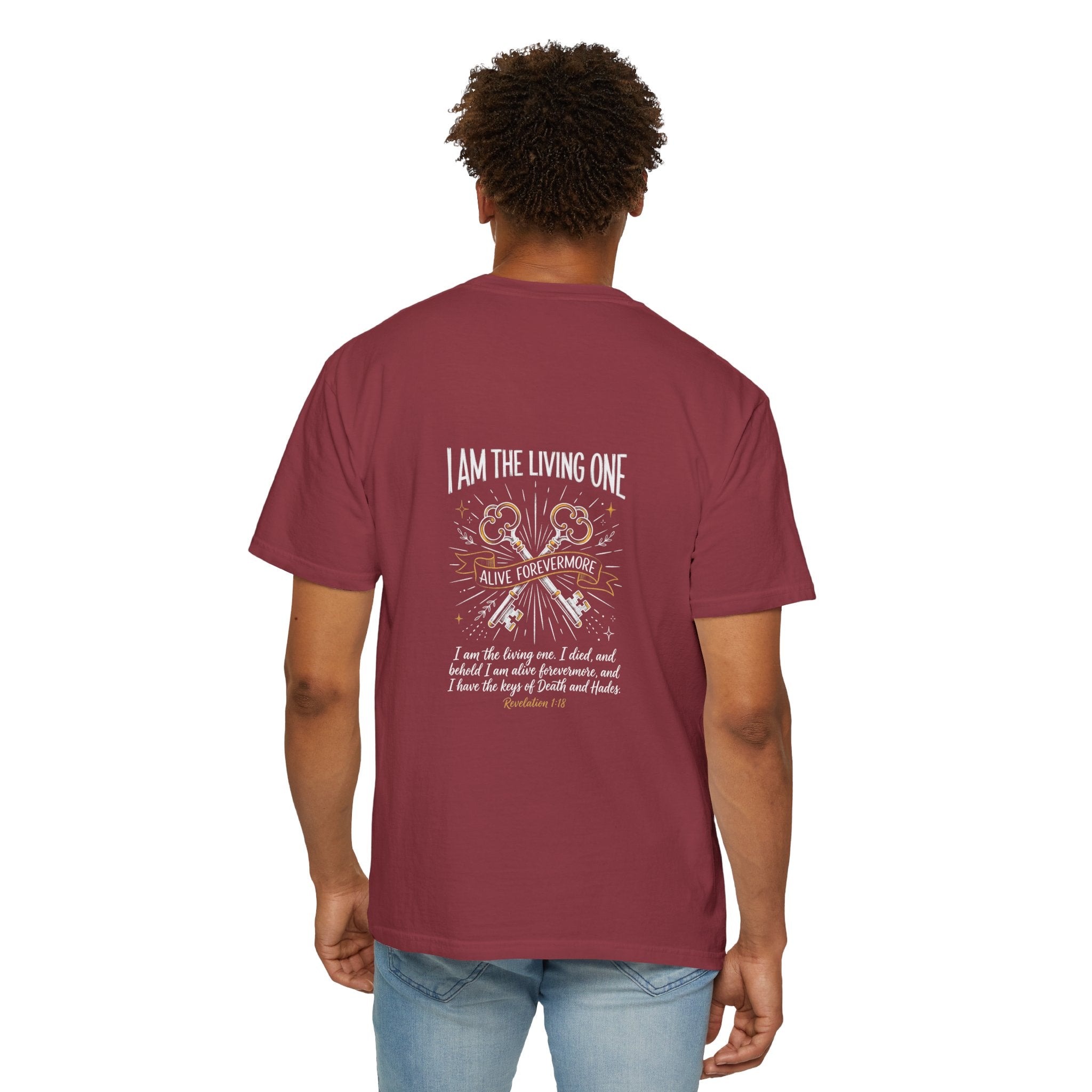 Christian Cross T-Shirt — “I Am the Living One” Scripture Back Graphic
