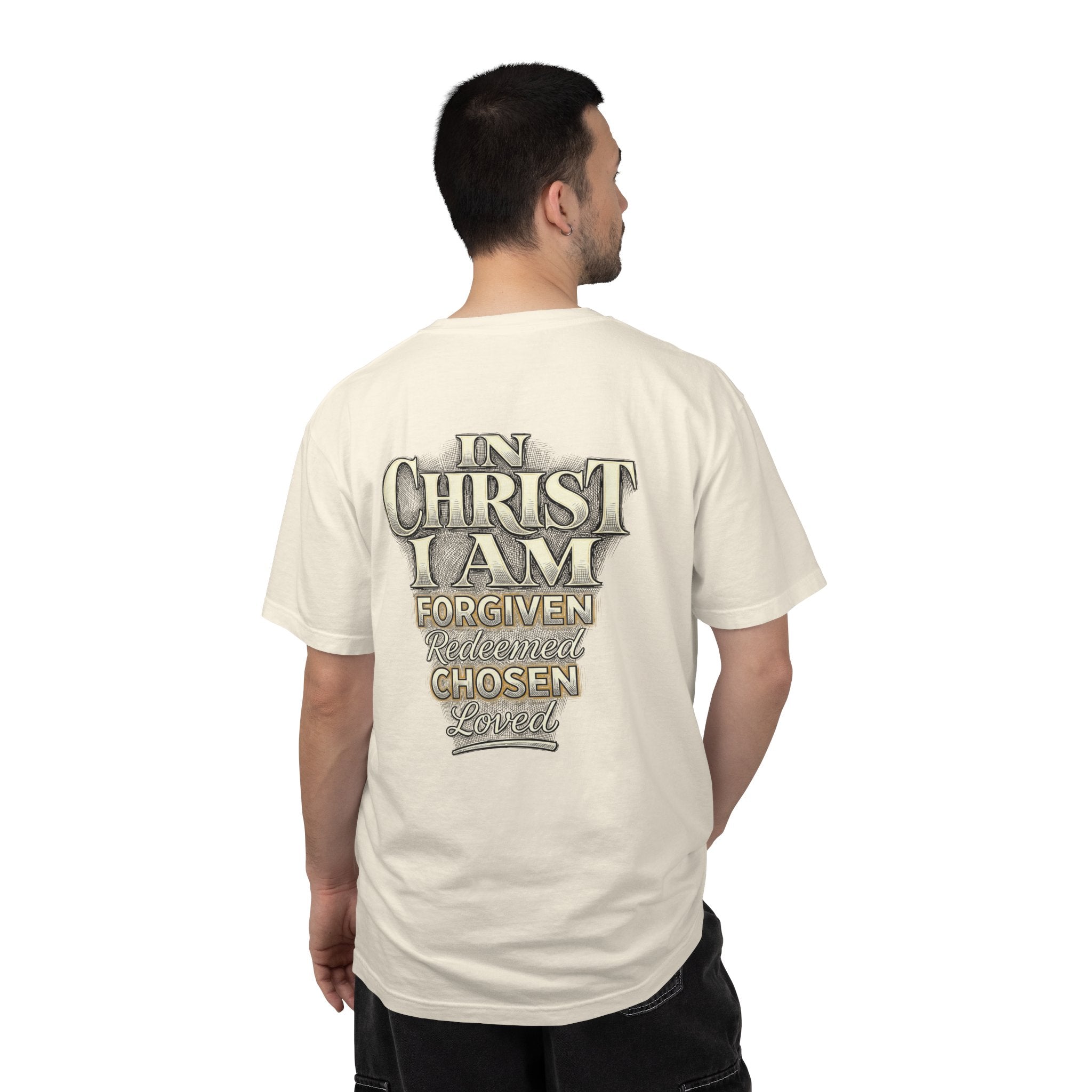 Christian Cross T-Shirt — "In Christ I Am Forgiven, Redeemed, Chosen" Faith Tee