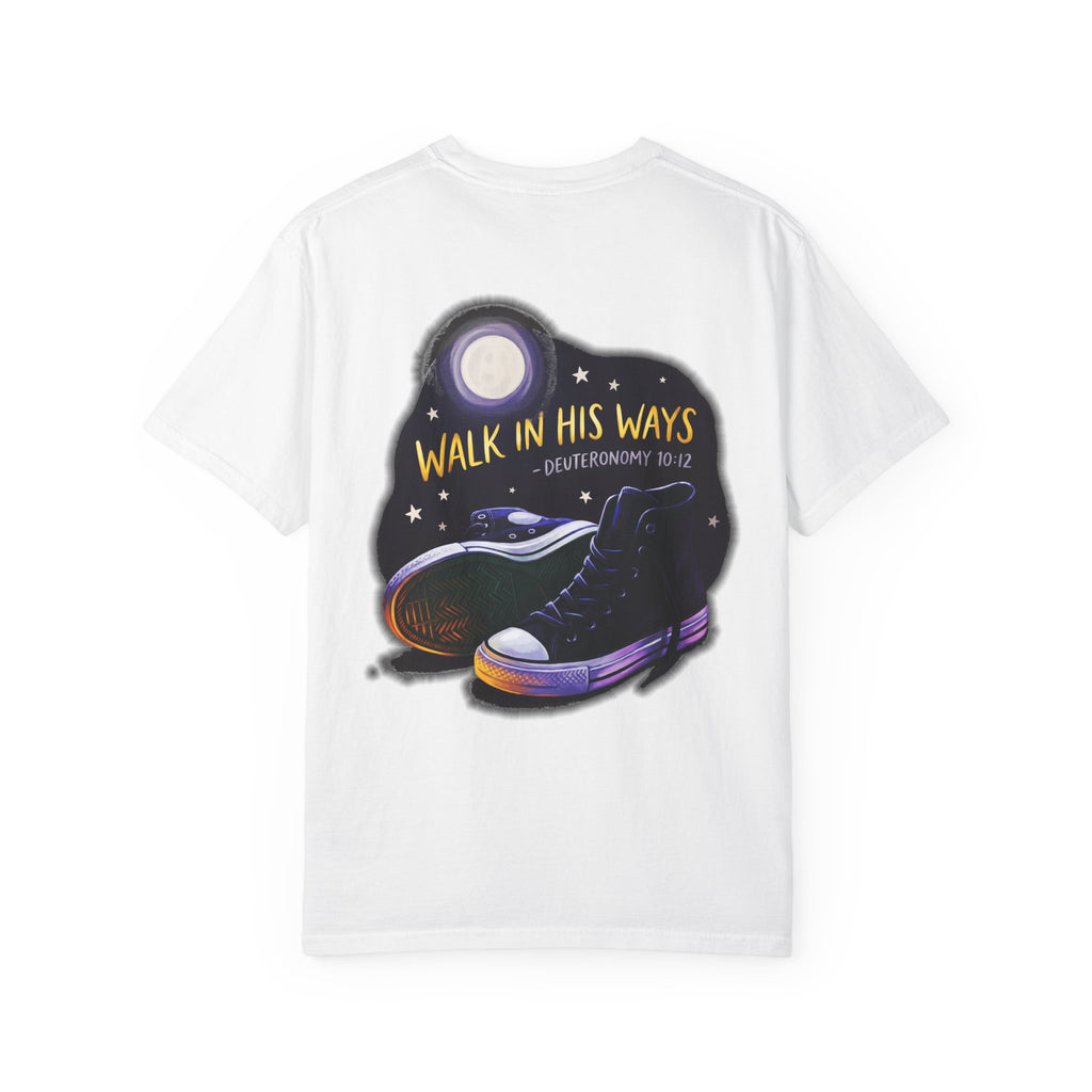 Walk in His Ways T-Shirt — Faith Cross Tee with Moonlit Sneakers (Deuteronomy 10:12)