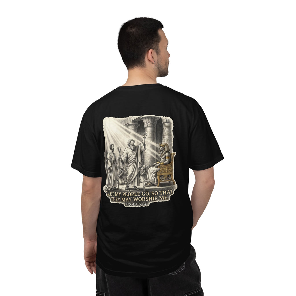 Religious T-Shirt — Small Cross Front & 'Let My People Go' Back Graphic