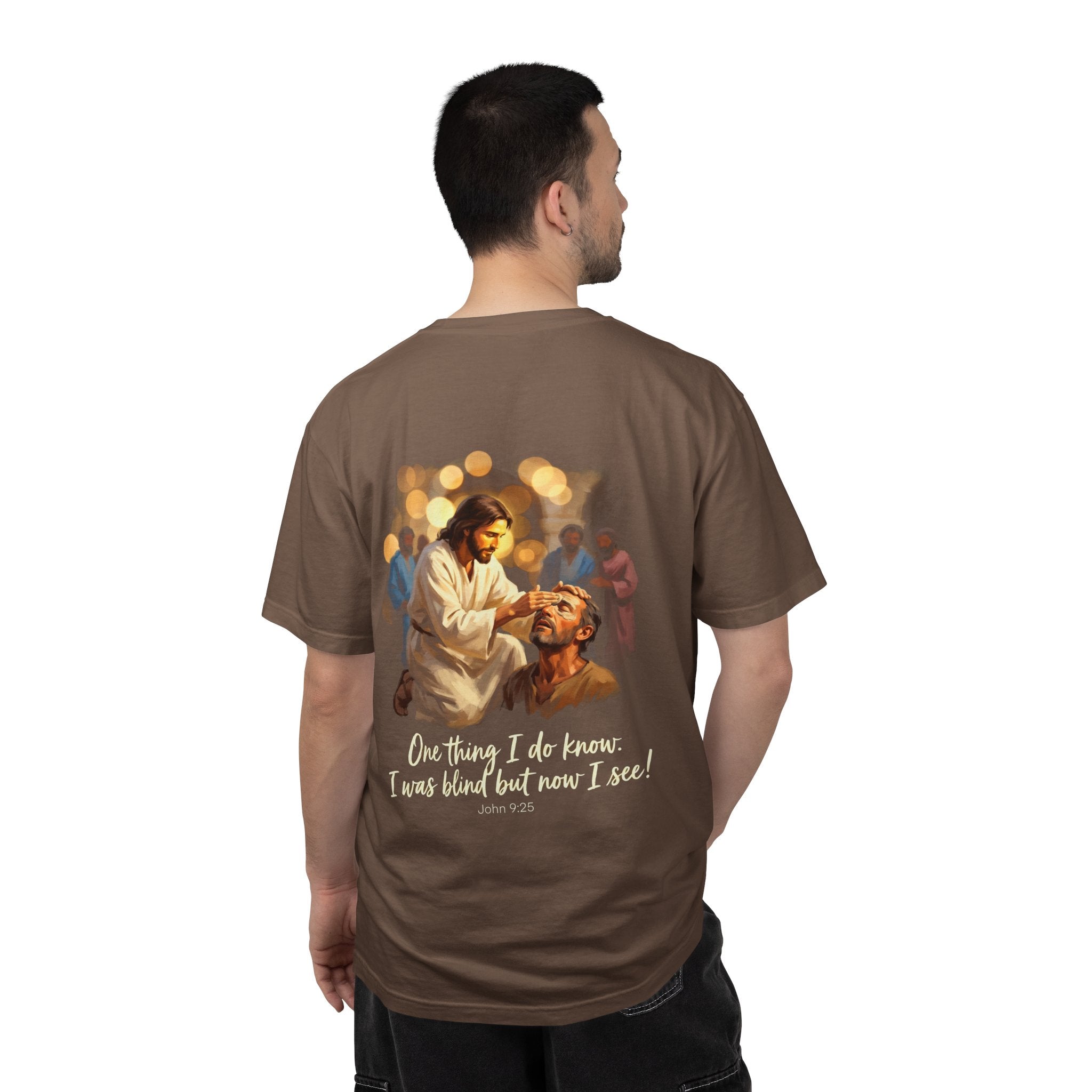 Christian T-Shirt — Jesus Healing the Blind "One thing I do know: I was blind but now I see"