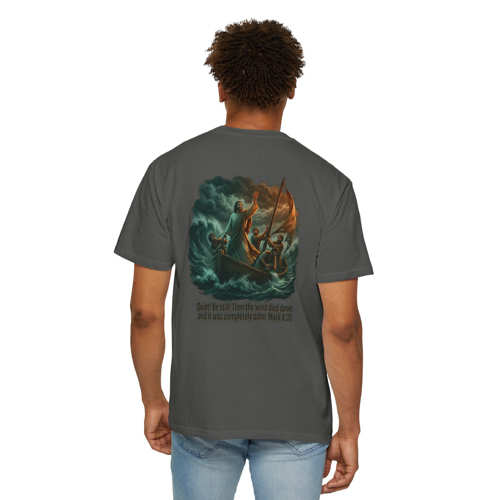 Christian Faith T-Shirt — 'He Said, "Be Still"' Boat Scene with Matthew 8:23-27 Biblical Tee