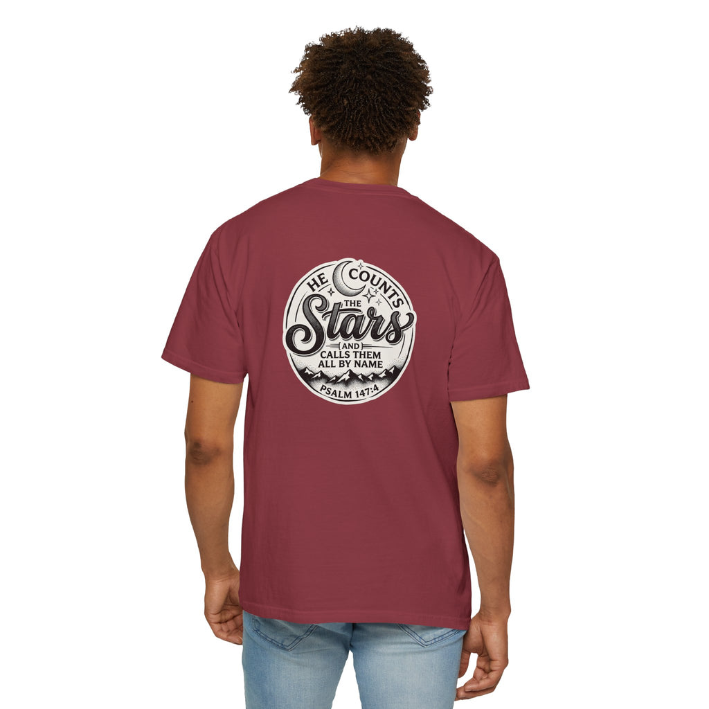 Christian Cross T-Shirt — "He Counts the Stars" Psalm 147:4 Graphic Tee