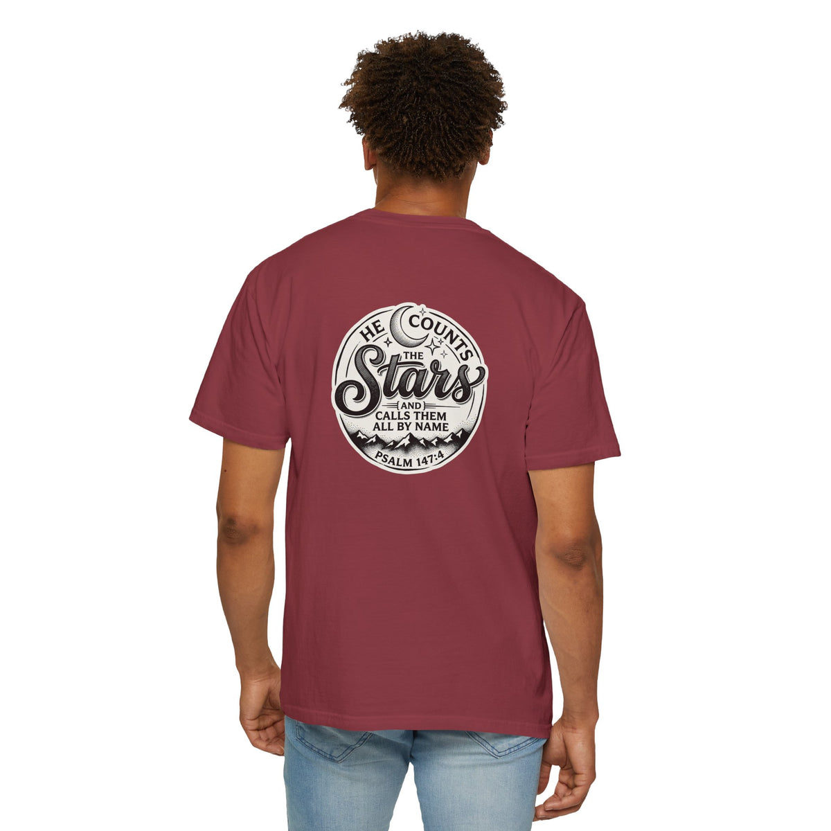 Christian Cross T-Shirt — "He Counts the Stars" Psalm 147:4 Graphic Tee
