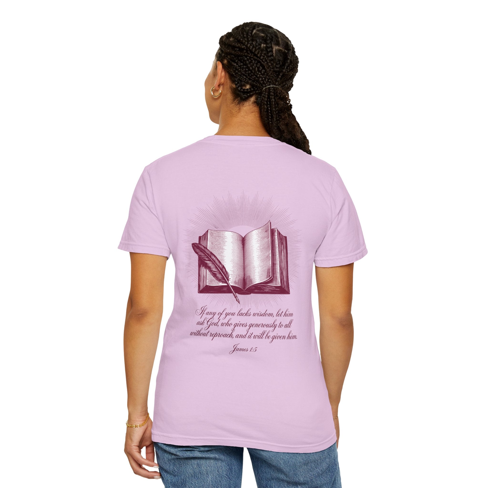 Christian Cross T-Shirt — Illustrated Bible Back Print with James 1:5 Quote