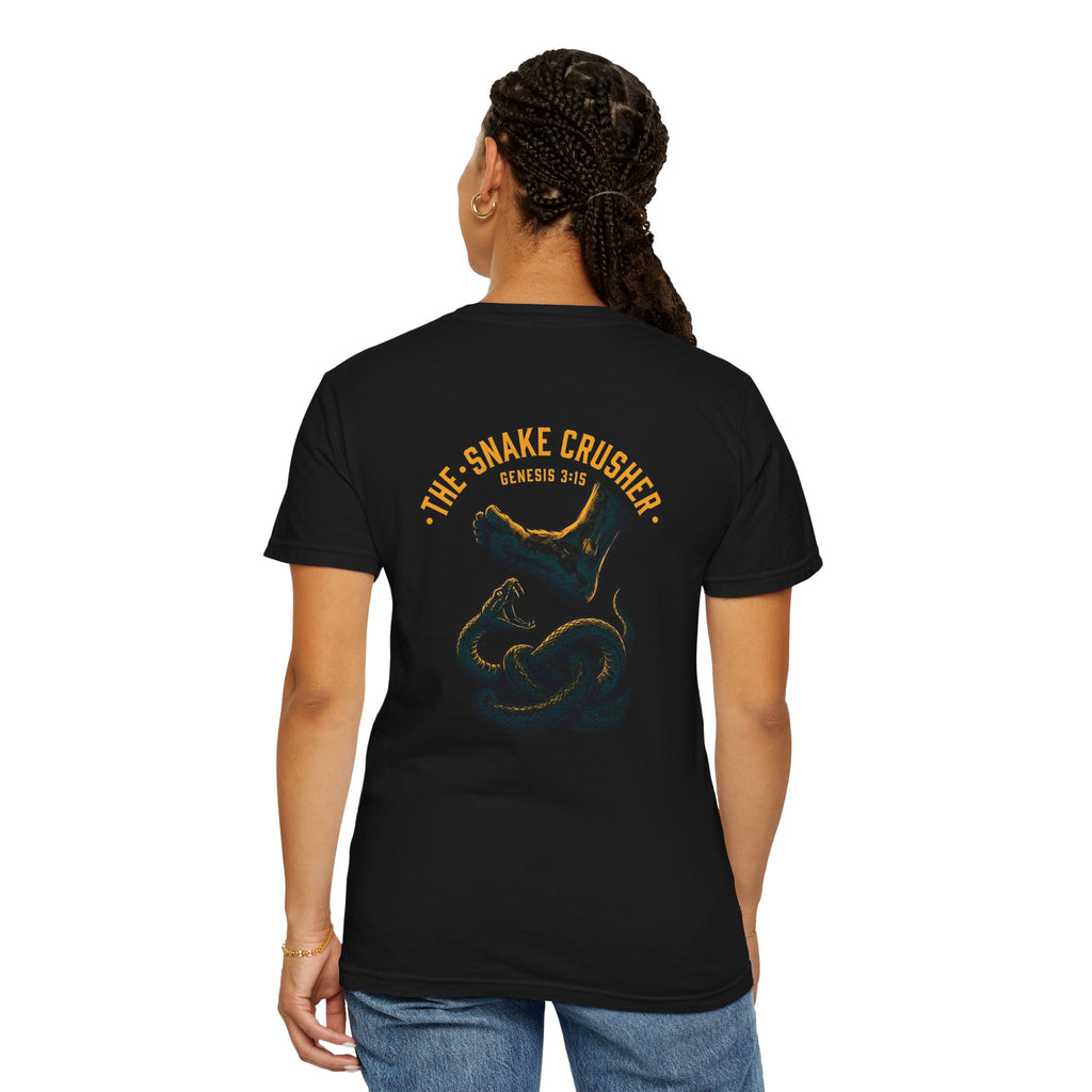 Snake Crusher T‑Shirt — Foot Crushing Serpent Graphic with Cross