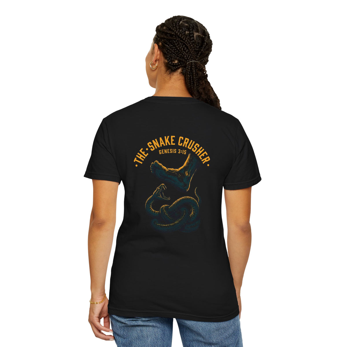 Snake Crusher T‑Shirt — Foot Crushing Serpent Graphic with Cross