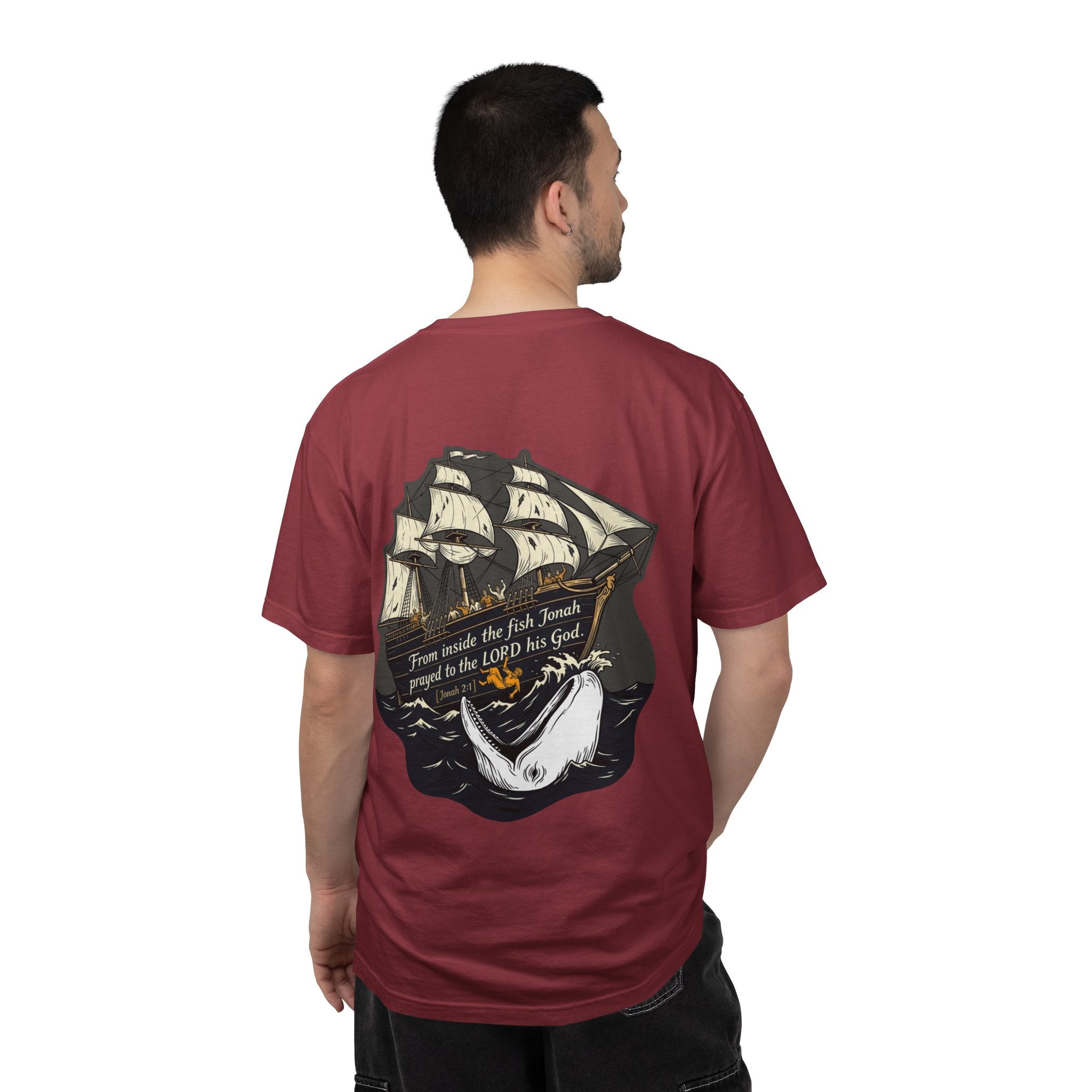 Christian Ship & Whale T-Shirt — 'From inside the fish Jonah prayed to the LORD his God' Chest Cross