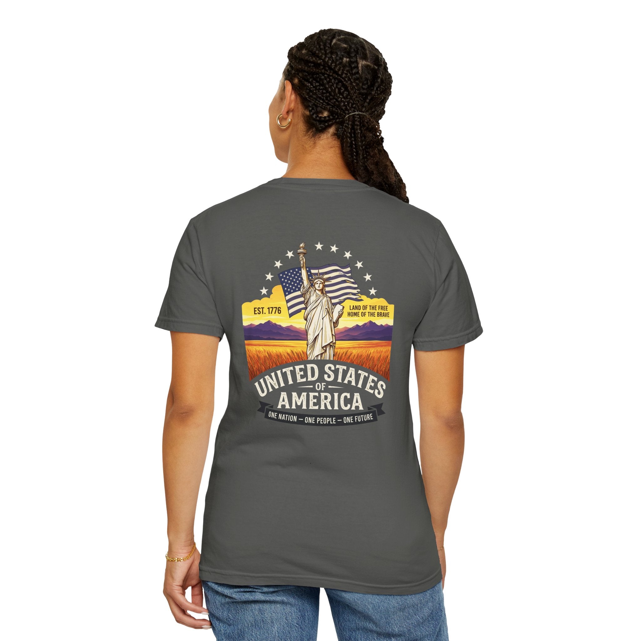 America Graphic T-Shirt — United States Vintage Statue of Liberty Back Print