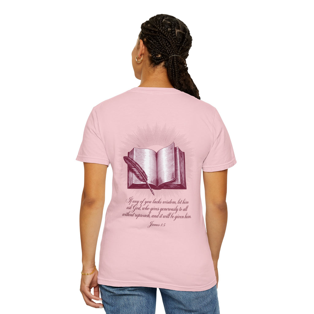 Christian Cross T-Shirt — Illustrated Bible Back Print with James 1:5 Quote