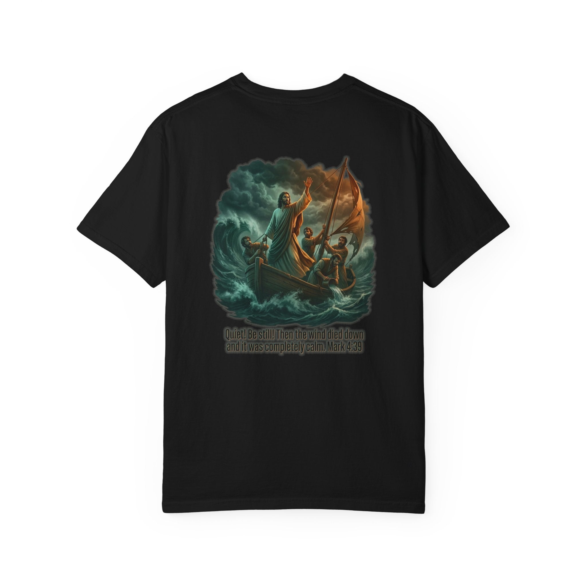 Christian Faith T-Shirt — 'He Said, "Be Still"' Boat Scene with Matthew 8:23-27 Biblical Tee
