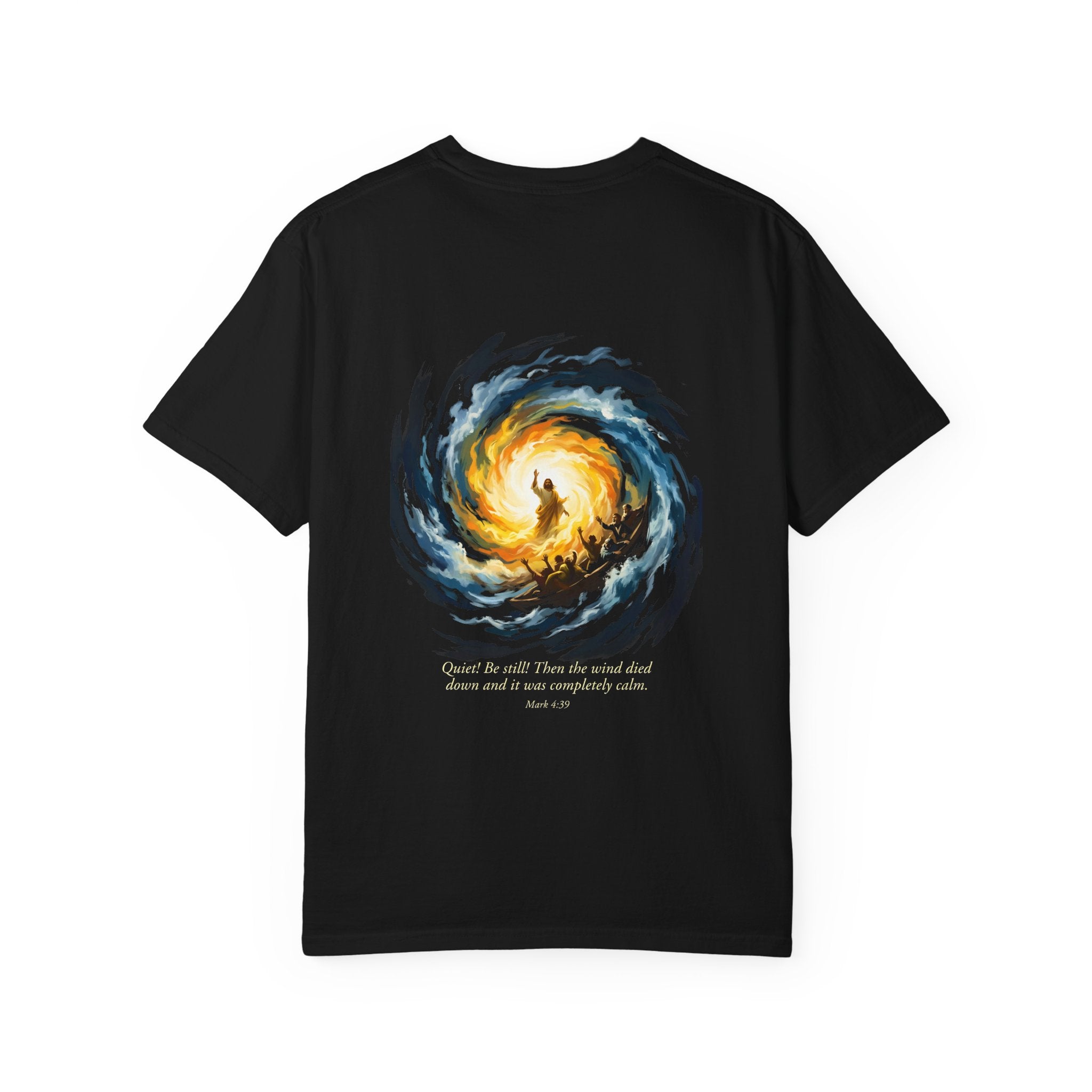 Christian T‑Shirt — Small Chest Cross & 'Quiet Be Still' Scripture Back Design