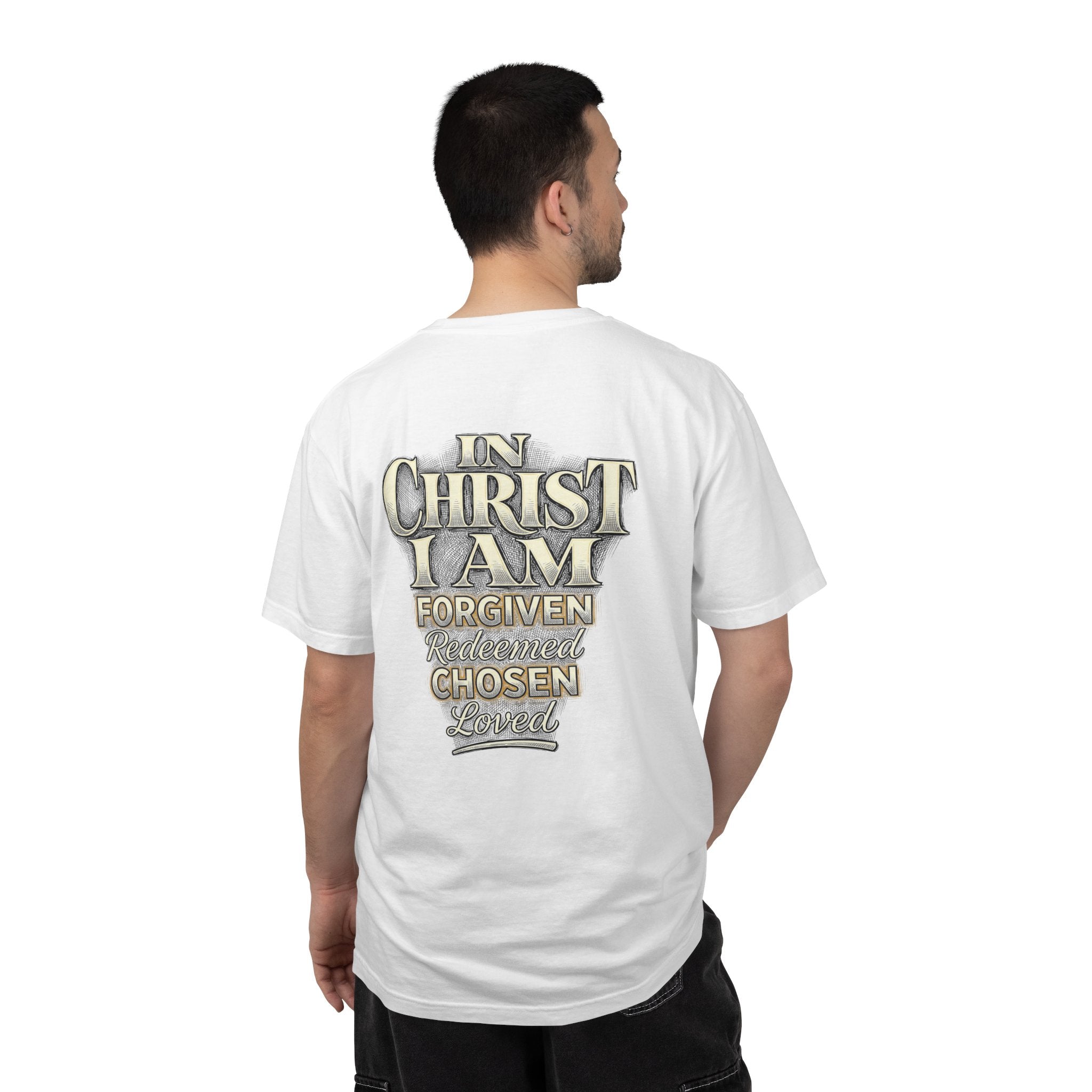 Christian Cross T-Shirt — "In Christ I Am Forgiven, Redeemed, Chosen" Faith Tee