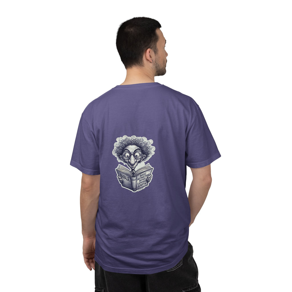 Graphic T-Shirt — Small Cross Front & Whimsical Reader Illustration Back