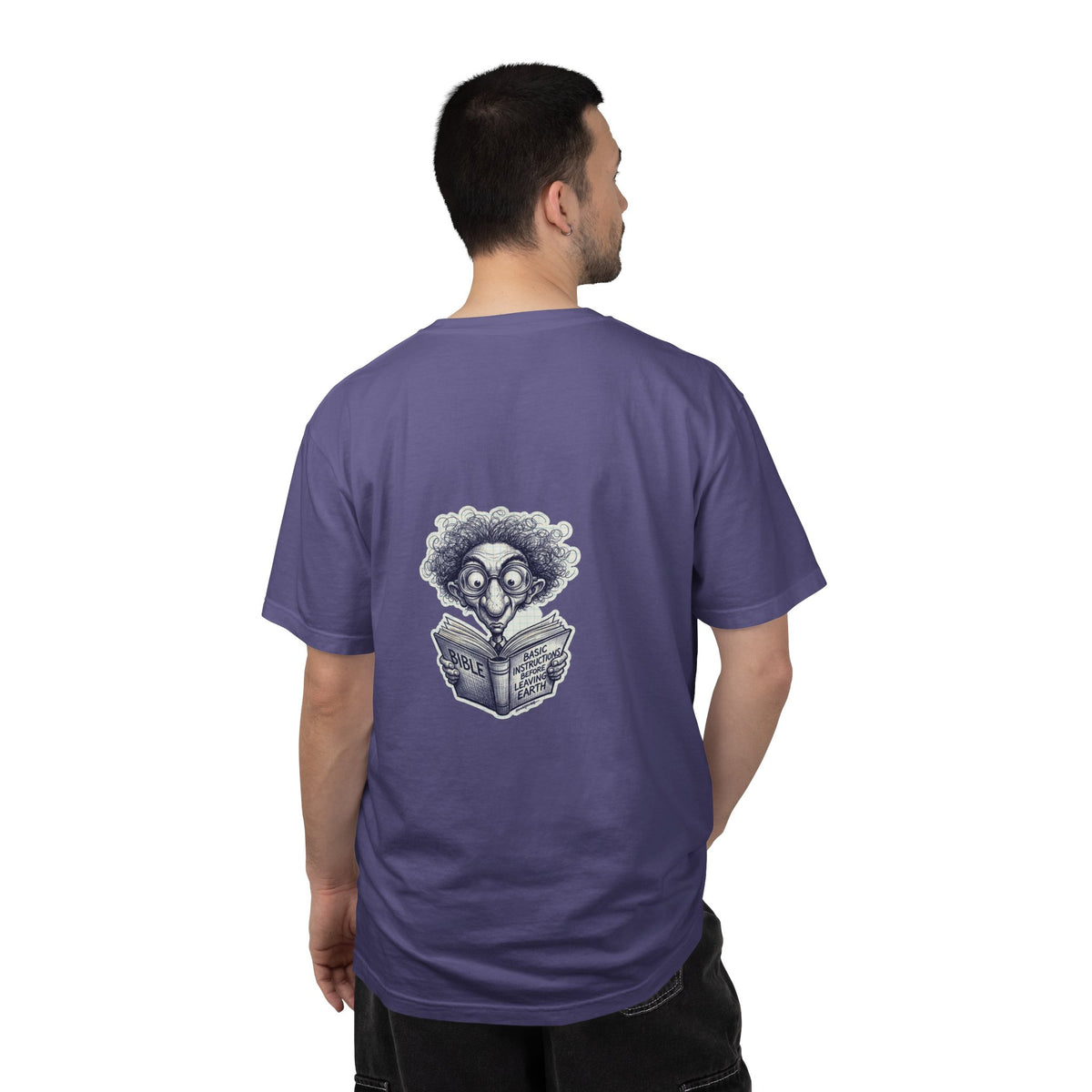 Graphic T-Shirt — Small Cross Front & Whimsical Reader Illustration Back