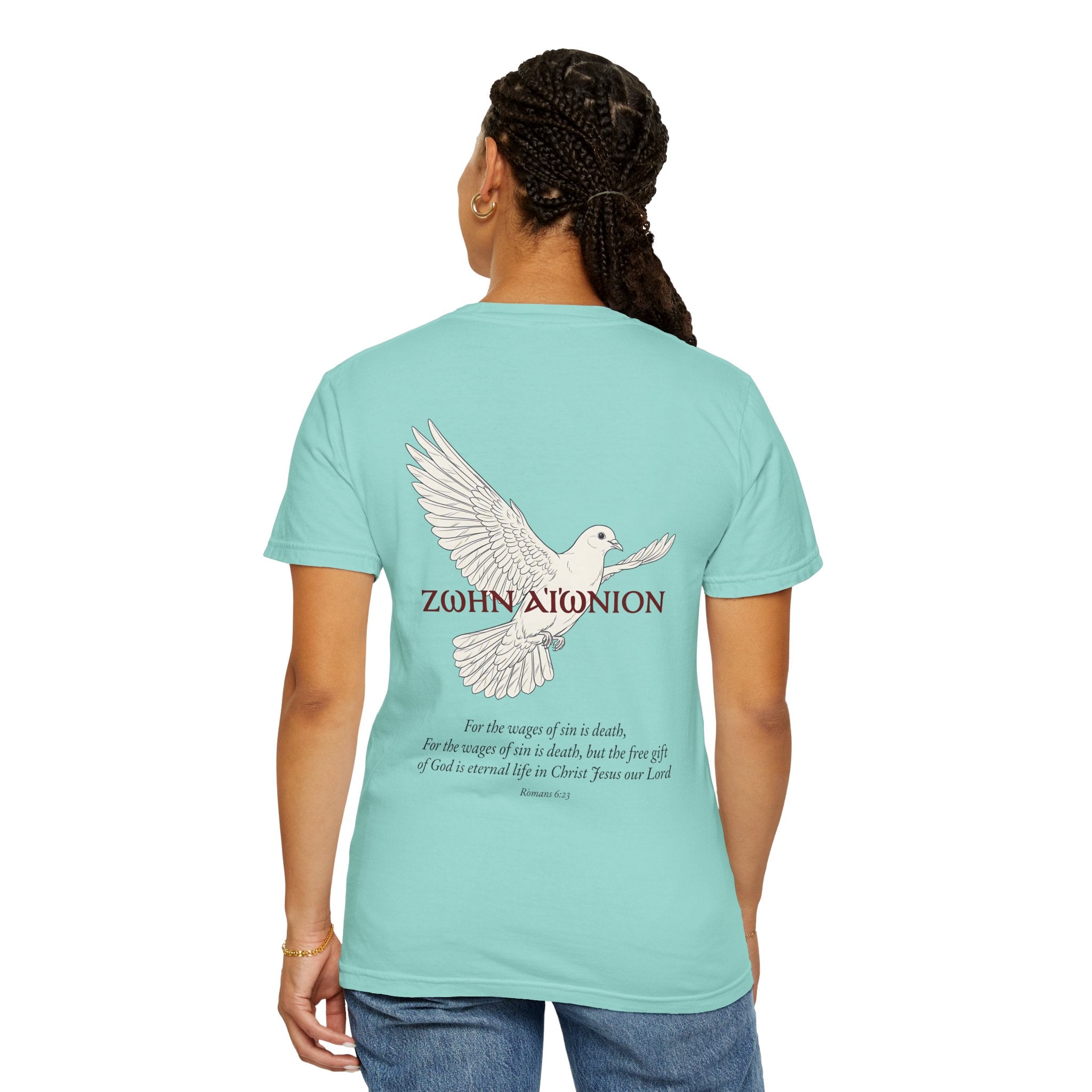 Christian Dove T-Shirt — Three Crosses Front & Dove Back with Scripture