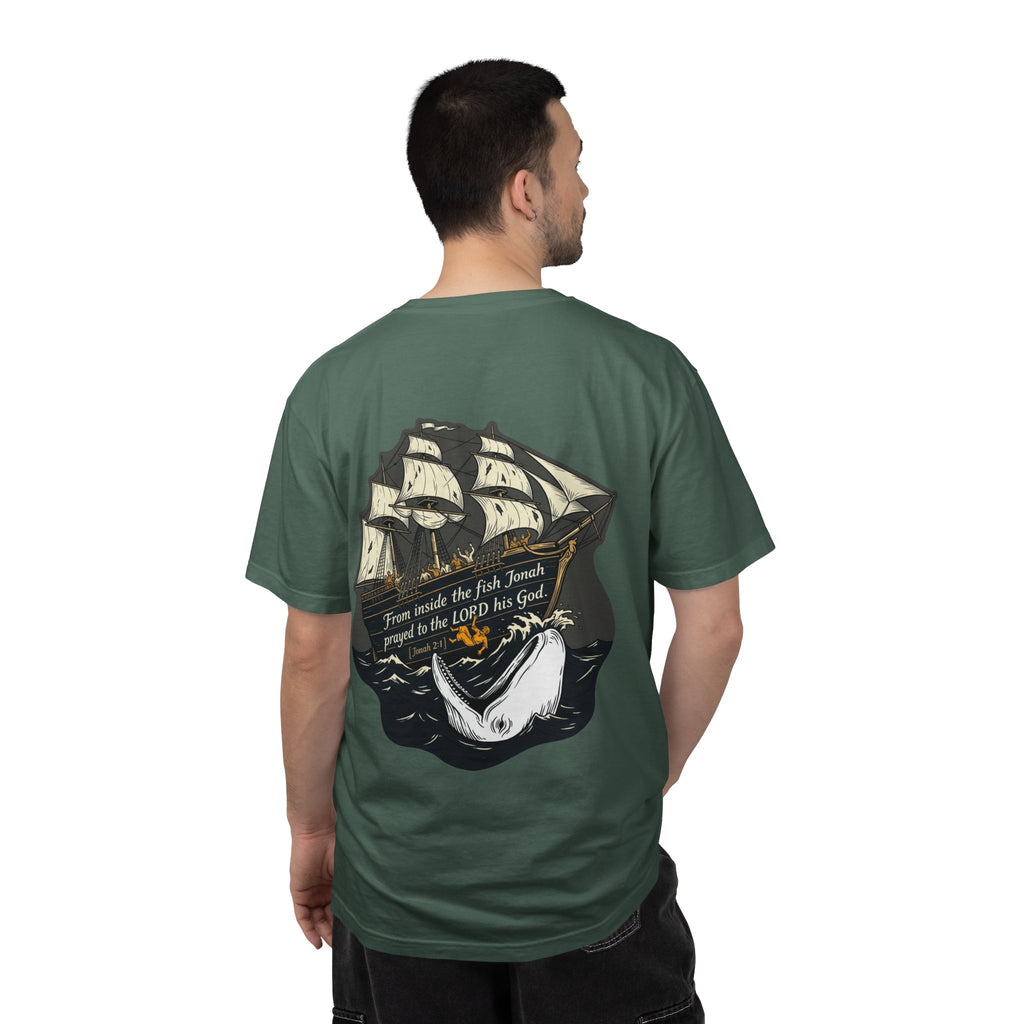 Christian Ship & Whale T-Shirt — 'From inside the fish Jonah prayed to the LORD his God' Chest Cross