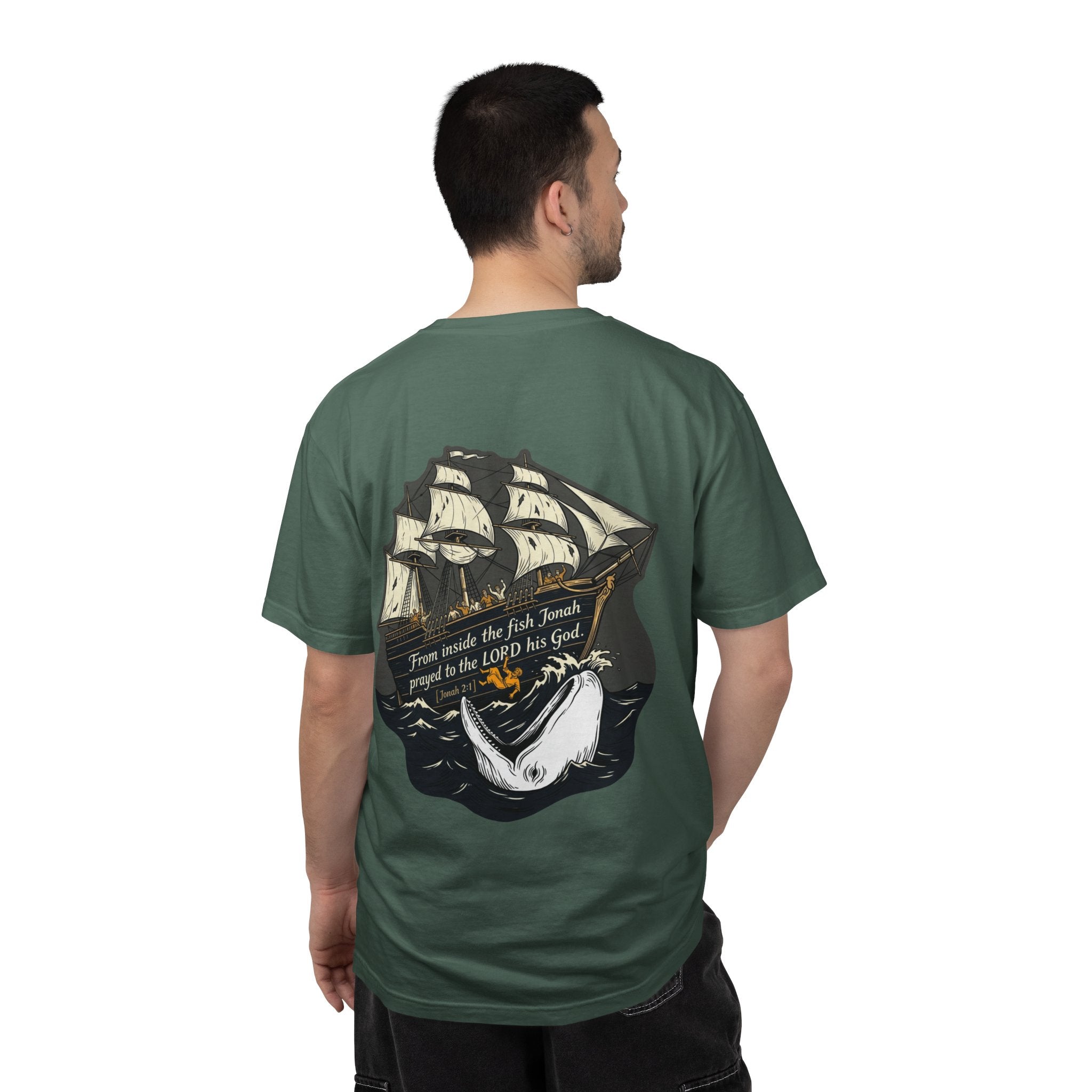 Christian Ship & Whale T-Shirt — 'From inside the fish Jonah prayed to the LORD his God' Chest Cross
