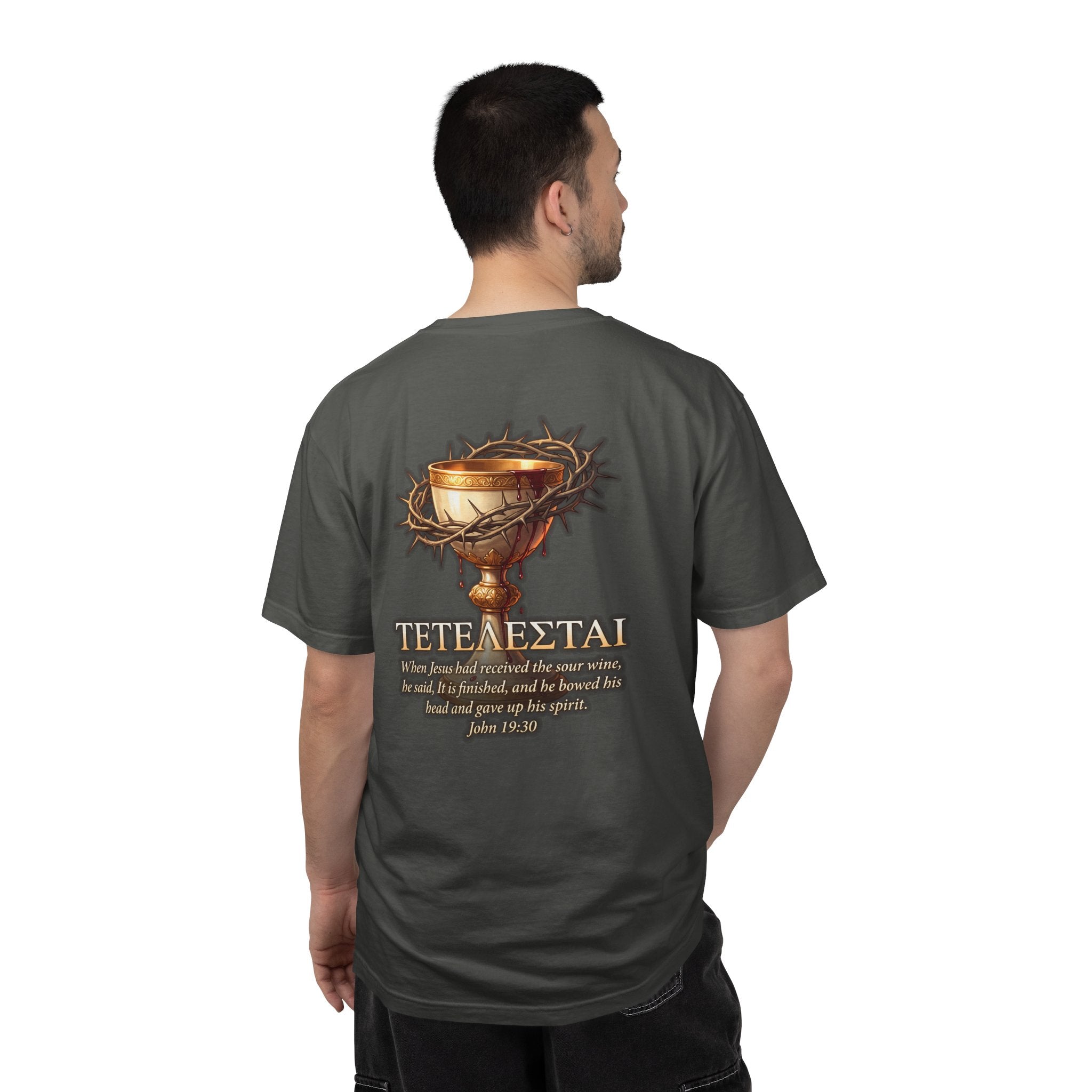 Christian Cross T-Shirt — 'Teteteazai' Chalice Scripture Tee (John 19:30)
