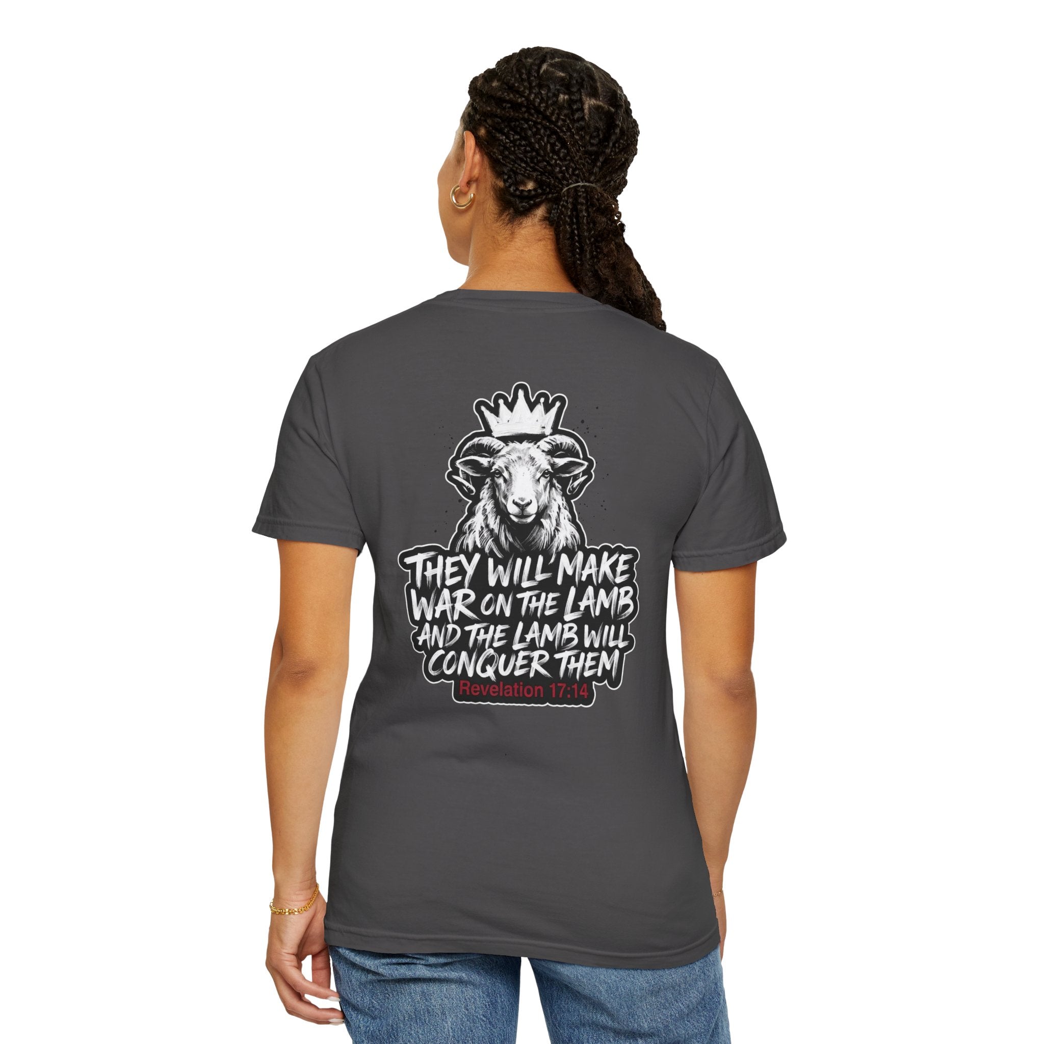 Christian Lamb Graphic T-Shirt — "They Will Make War on the Lamb" Back Design