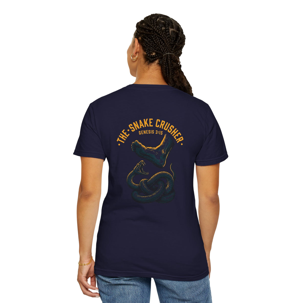 Snake Crusher T‑Shirt — Foot Crushing Serpent Graphic with Cross