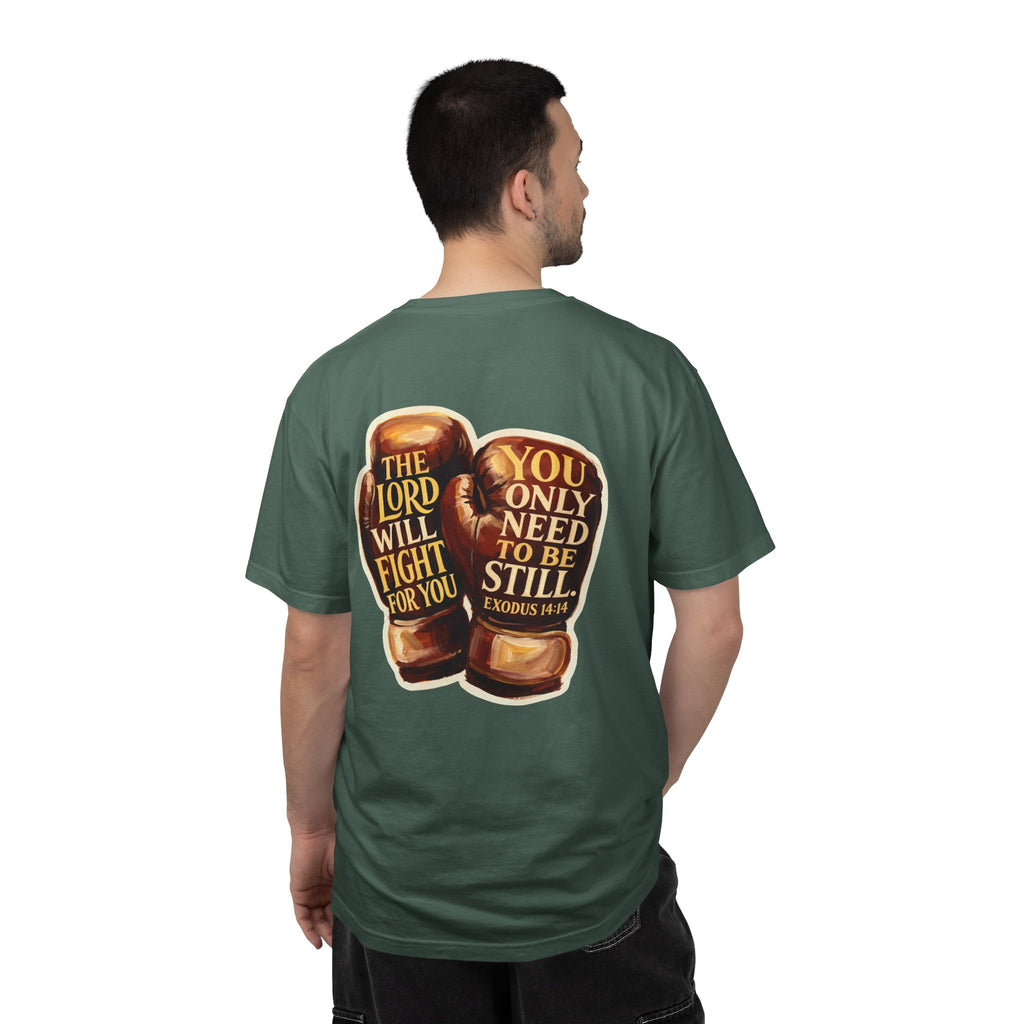 Christian Cross T-Shirt — “The Lord Will Fight For You / Be Still” Boxing Gloves Graphic