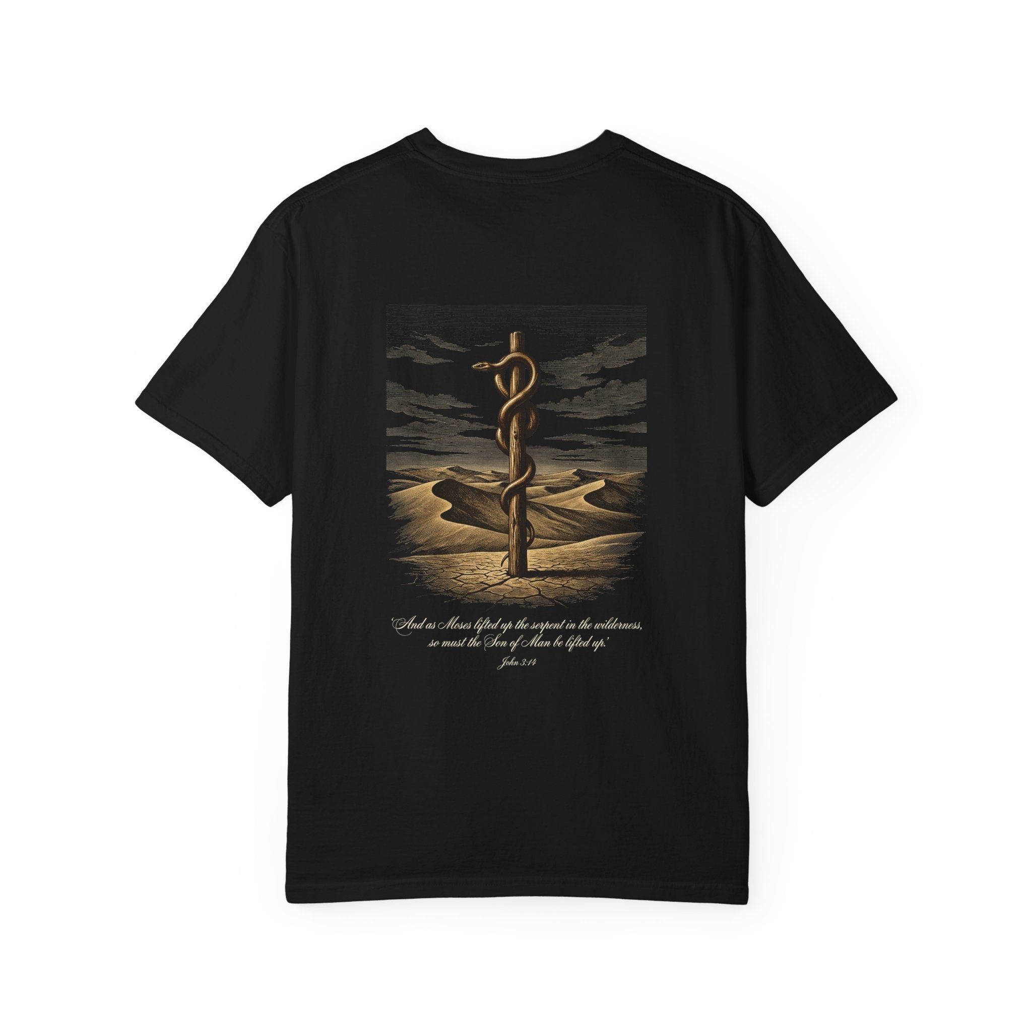 Christian Cross T-Shirt — Biblical Staff of Moses Desert Design with Scripture