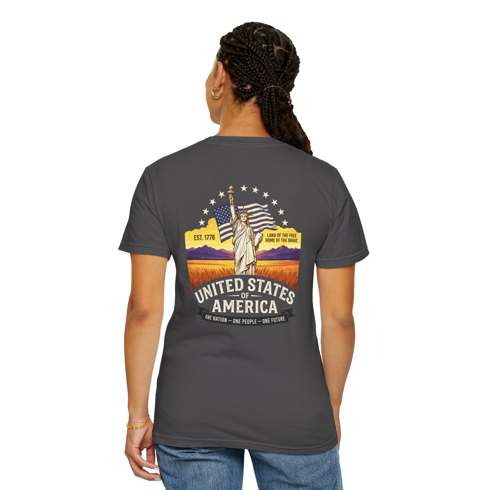 America Graphic T-Shirt — United States Vintage Statue of Liberty Back Print