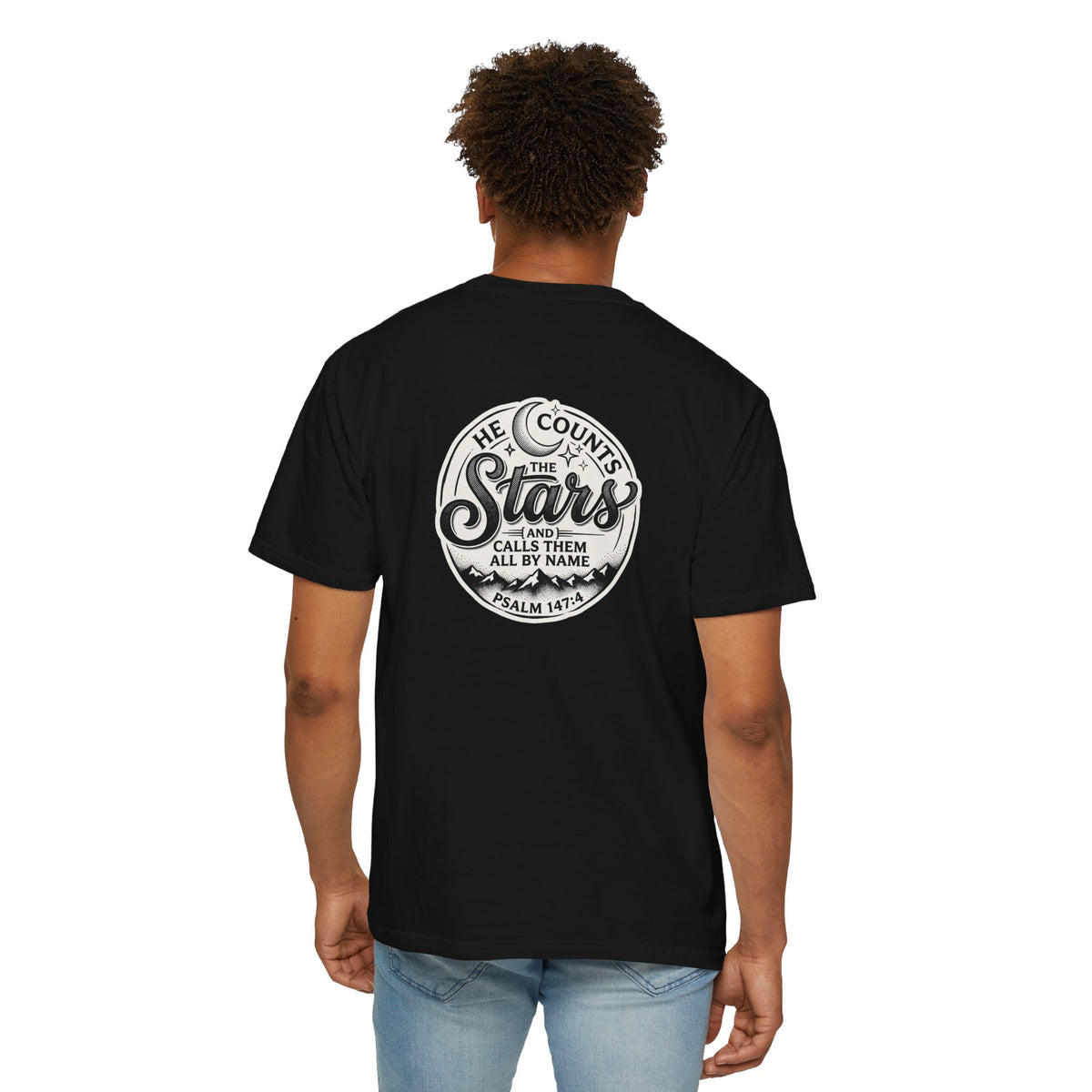 Christian Cross T-Shirt — "He Counts the Stars" Psalm 147:4 Graphic Tee