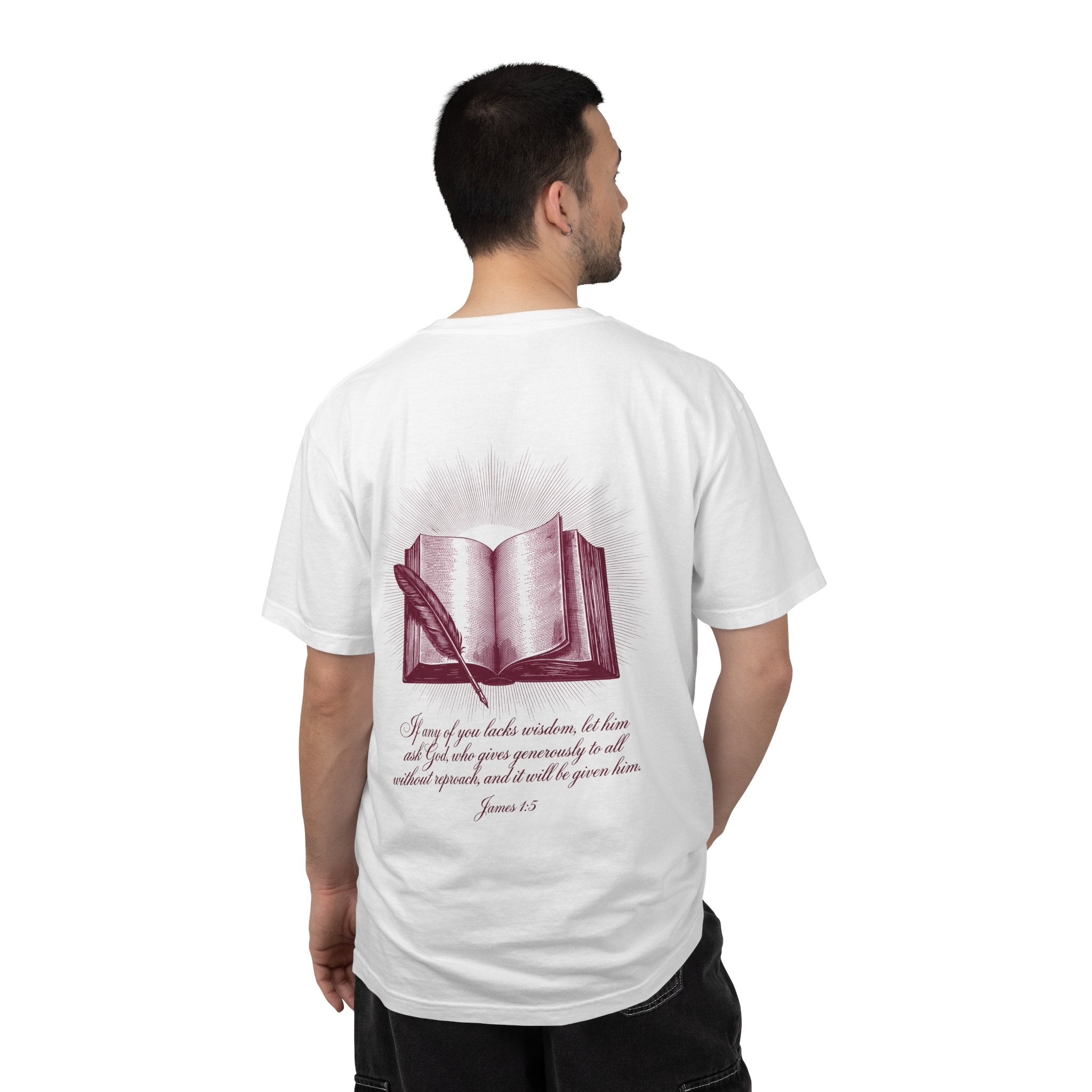 Christian Cross T-Shirt — Illustrated Bible Back Print with James 1:5 Quote