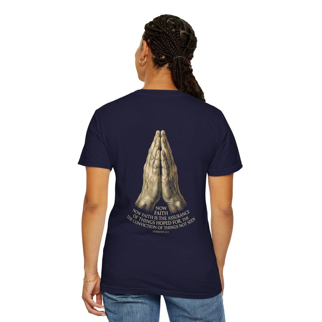 Prayer Hands Cross T‑Shirt — Christian Faith Tee with Back Scripture Design