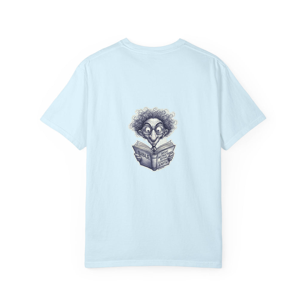 Graphic T-Shirt — Small Cross Front & Whimsical Reader Illustration Back