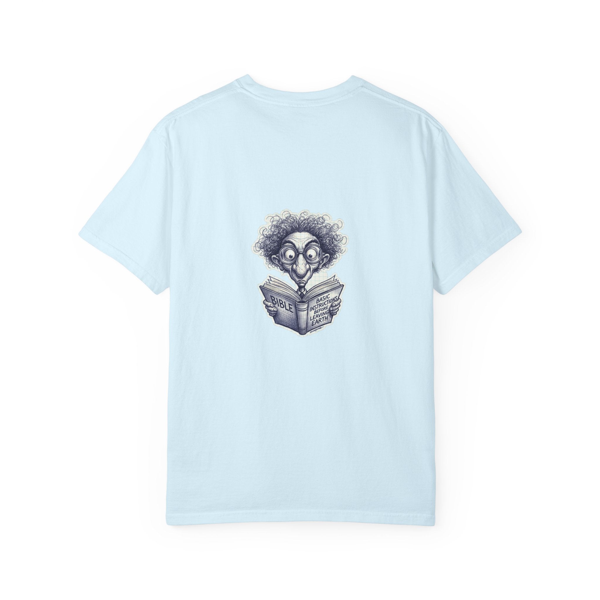 Graphic T-Shirt — Small Cross Front & Whimsical Reader Illustration Back