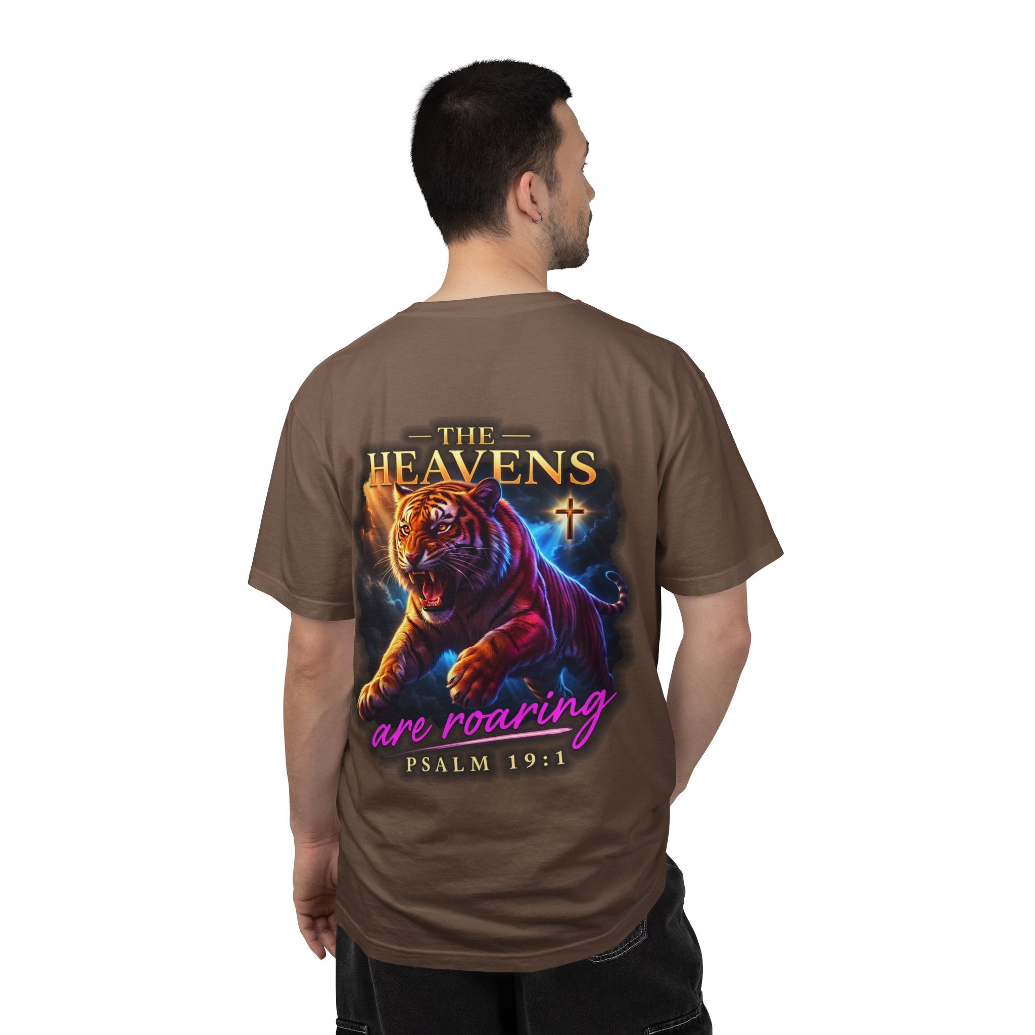 Christian Tiger T-Shirt — “The Heavens Are Roaring” Psalm 19:1 Graphic Tee