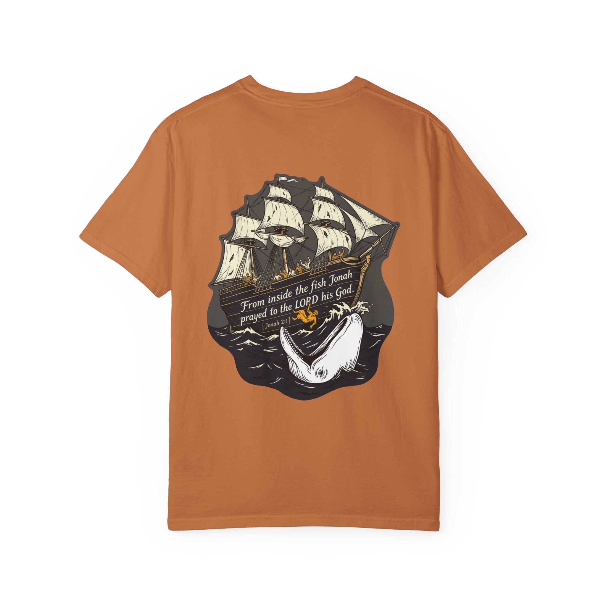 Christian Ship & Whale T-Shirt — 'From inside the fish Jonah prayed to the LORD his God' Chest Cross
