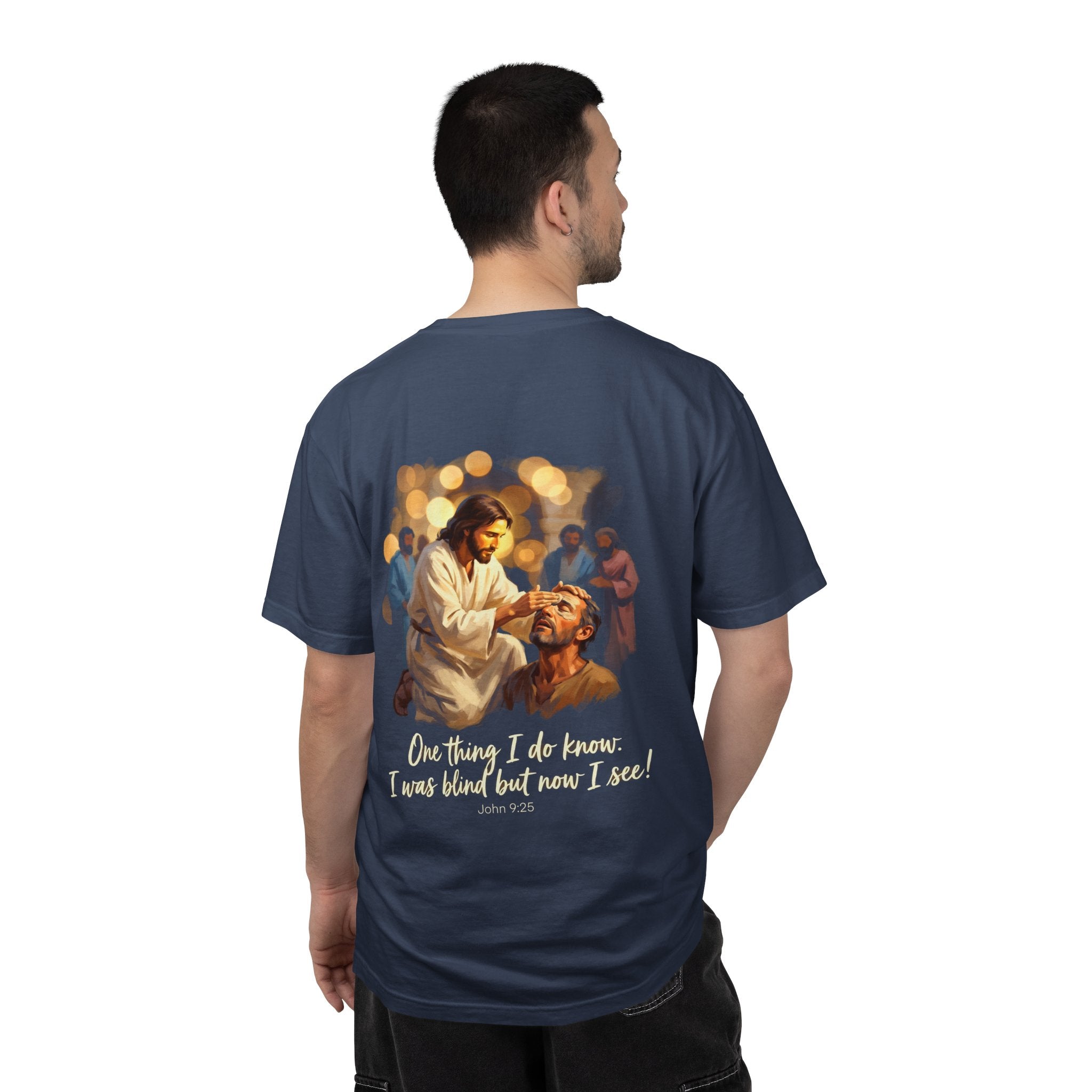 Christian T-Shirt — Jesus Healing the Blind "One thing I do know: I was blind but now I see"